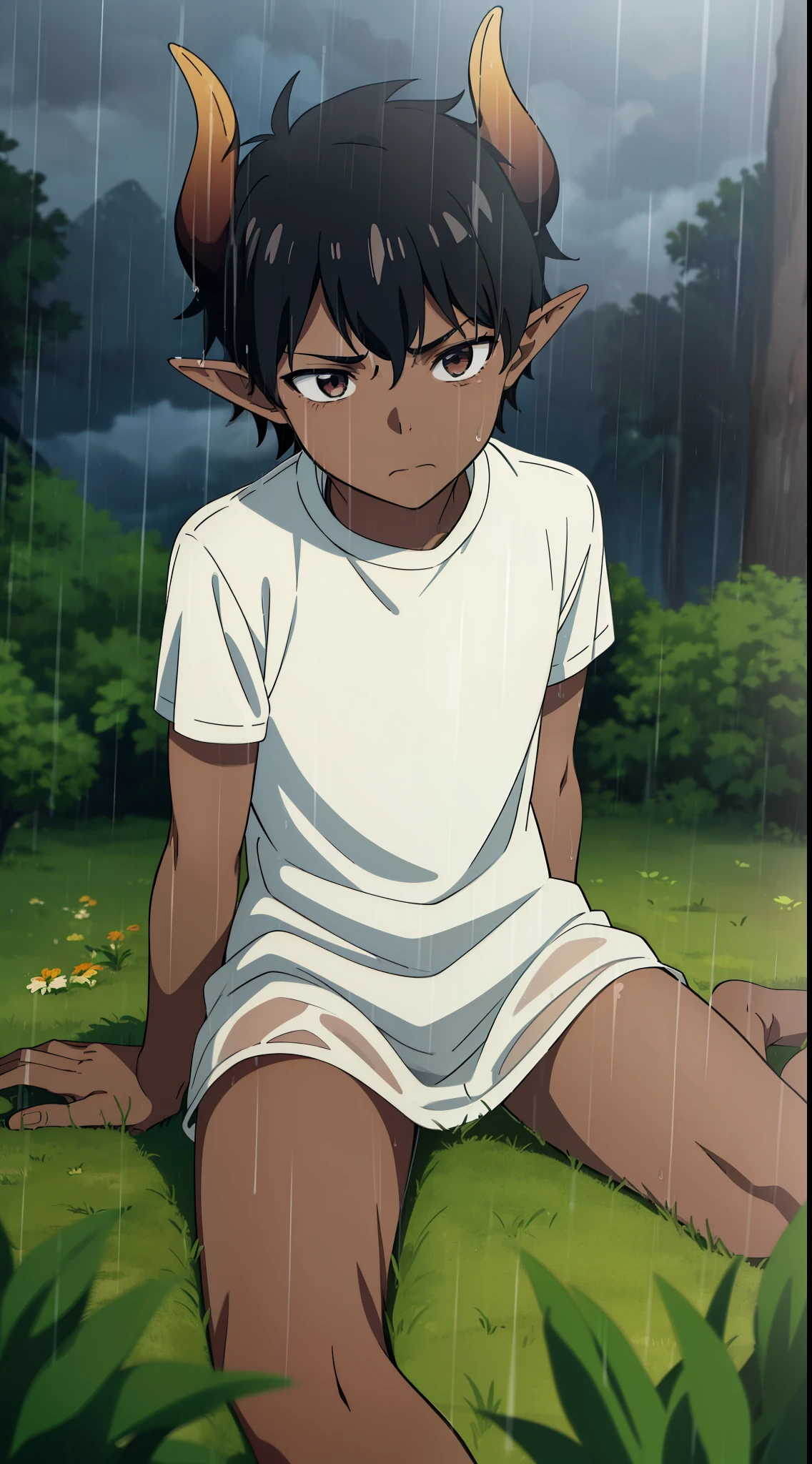 (1boy,8 years old.small),solo,((dark skin)),white shirt,short sleeves,black hair,elf ears,(horns),(in rain,forest,cloudy,clouds),sad,sitting on grass