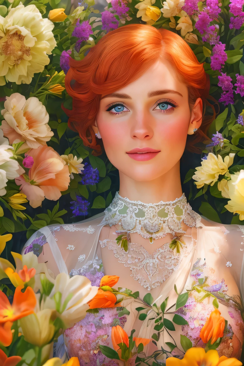 Masterpiece, (Bryce Dallas Howard: 0.5), 20 years, young, short hair, vivid orange hair, shy, cute, playful smile, high detail face, high detail skin, delicate colorful floral dress, (high detail eyes:1.3), (small breasts:1.2), (strong athletic body), garden wiith colorful flowers background, (UHD, 8K wallpaper, High resolution), Cinematic lighting, award-winning, extremely white detailed skin, extra detailed face, high detail eyes, photo-realistic, Zeiss 85 mm F/1.4, by Ellen von Unwerth