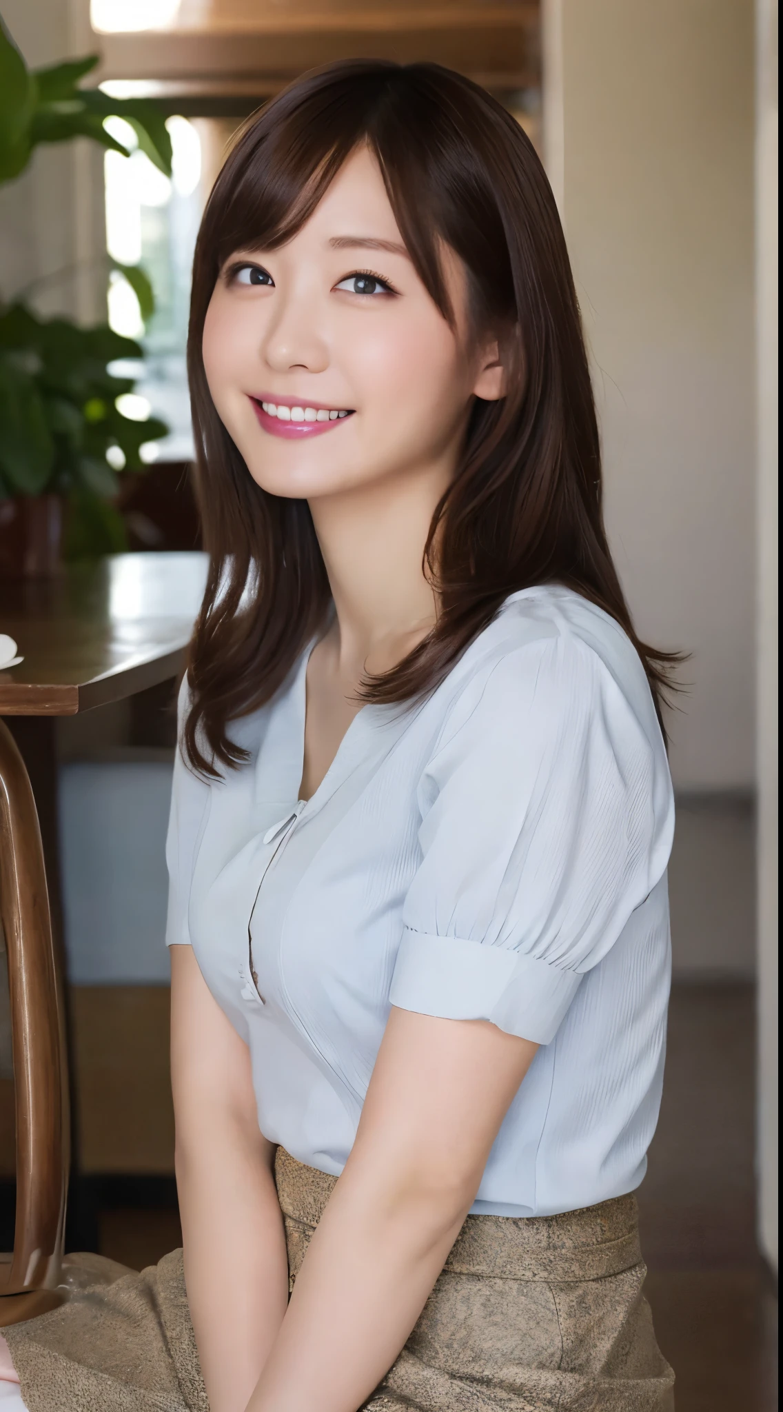 masutepiece, Best Quality, Illustration, Ultra-detailed, finely detail, hight resolution, 8K Wallpaper, Perfect dynamic composition, 1 beautiful girl, Beautiful detailed eyes, girly blouse, long skirt, Medium Hair, normal breasts, Natural Color Lip, Random Poses,Smile, open mouth:0.8, Snazzy cafe, 20 years girl