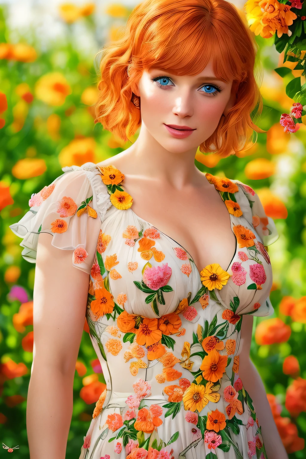 Masterpiece, (Bryce Dallas Howard: 0.5), 20 years, young, short hair, vivid orange hair, shy, cute, playful smile, high detail face, high detail skin, delicate colorful floral dress, (high detail eyes:1.3), (small breasts:1.2), (strong athletic body), garden wiith colorful flowers background, (UHD, 8K wallpaper, High resolution), Cinematic lighting, award-winning, extremely white detailed skin, extra detailed face, high detail eyes, photo-realistic, Zeiss 85 mm F/1.4, by Ellen von Unwerth
