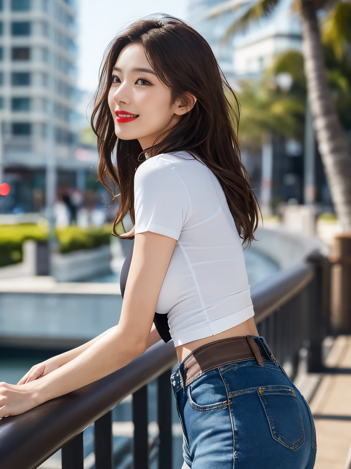 ((Realistic lighting, best Quality, 8K, Masterpiece:1.3)), Clear focus:1.2, a 1 girl, Perfect Body Beauty:1.4, Slim abs:1.1, a whole body, ((dark brown hair, a large breast:1.3)), (Acceleration:1.4), (al fresco, Daylight:1.1), View of Waikiki Beach, Palm Tree, slender face, Fine eyes, Double eyelid, lovely red lips, poses of fashion models, Floating hair, T‐shirt, Short denim black skirt, Pendants, Angel Smile, Smile of shame, Profile looking into the distance, waist shot, Profile looking into the distance,