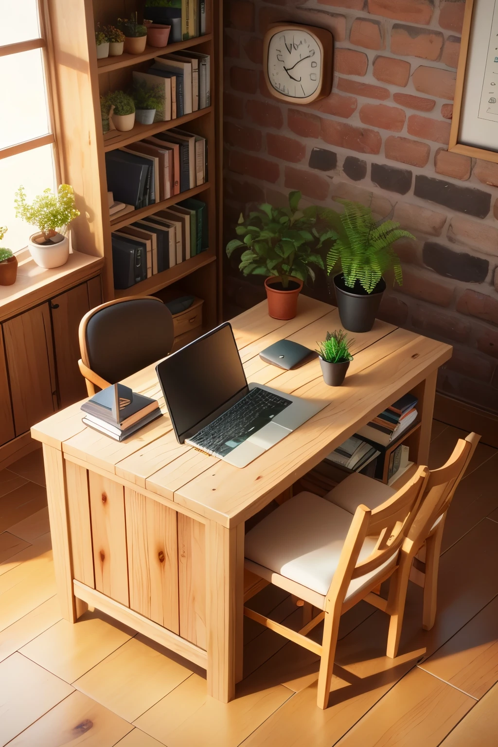 kawaii 3D isometric view of a home with office rustic wood white brick, decorated with cat arts with  office table, chair and desktop computer, a cat, indoor plants, bookshelves