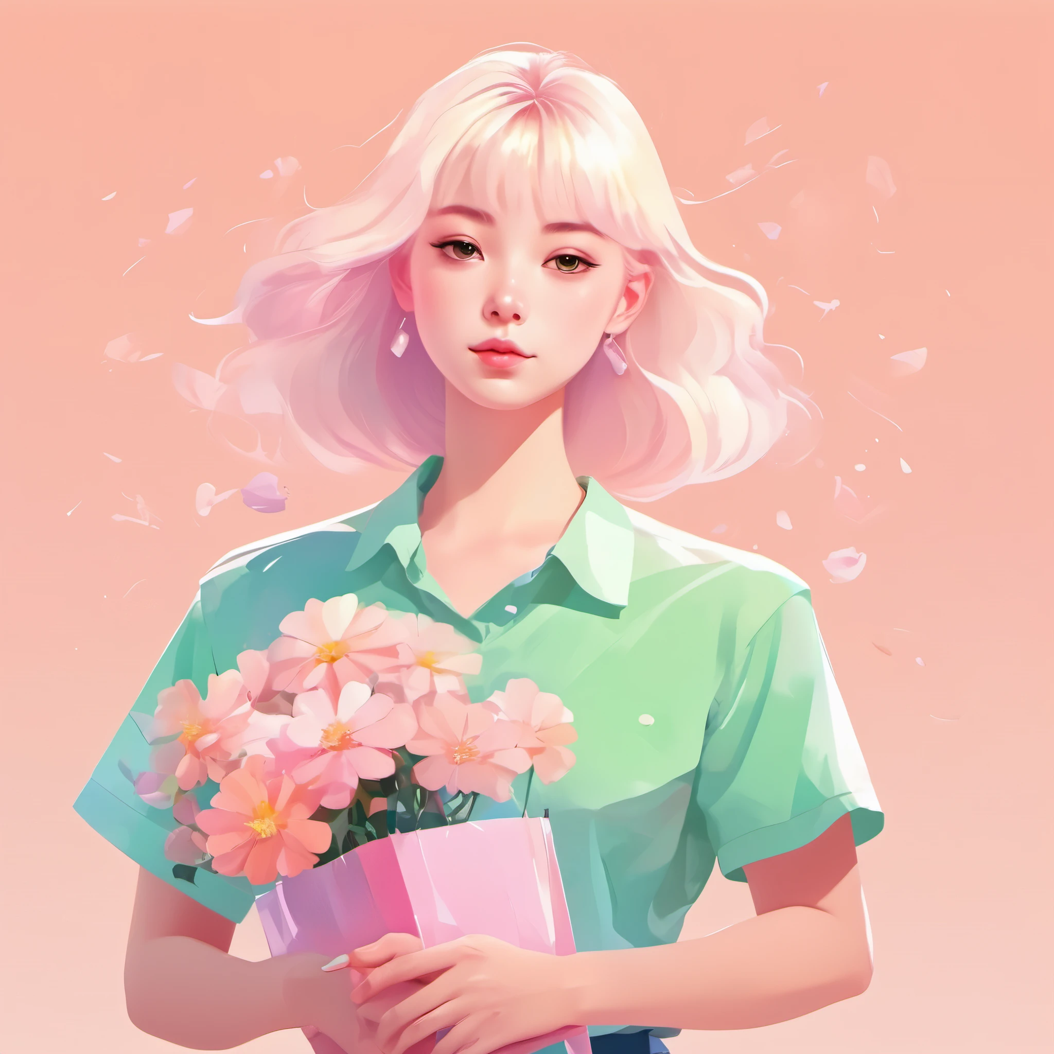 flat illustration，Minimalism，Geometry，abstract Memphis，anime portrait，close shot，holding a bouquet of flowers in hand，focus on face，little girl wearing light green shirt，Short pink skirt，Holding flowers in hand，Light pink canvas bag on shoulder，Long platinum blonde hair，Lane Blue Background，style expression，celluloid