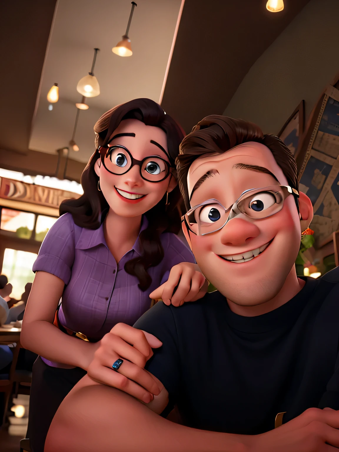 Disney style couple with glasses smiling in restaurant.