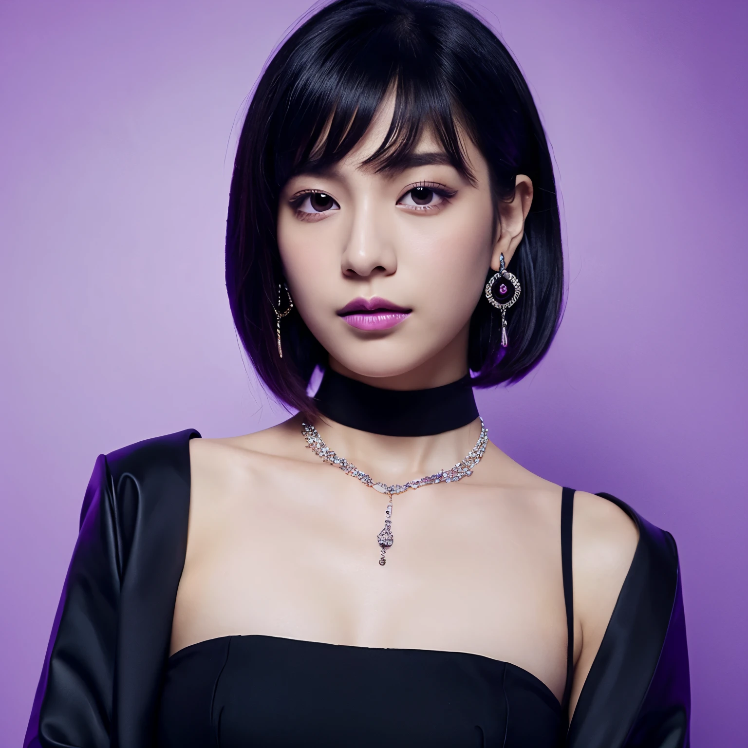 1 girl, alone, bob hair, looking at the viewer, black eye, purple background, jewelry, closed mouth, Jacket, Upper body, black hair, earrings, choker,