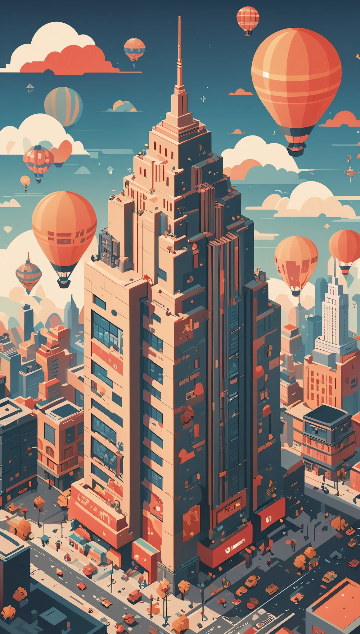 （（（Vector illustration））），Flat coating，（（celluloid style）），（children illustration），Empire State Building，Isometric，（（minimalist art）），8k，masterpiece，Rich details