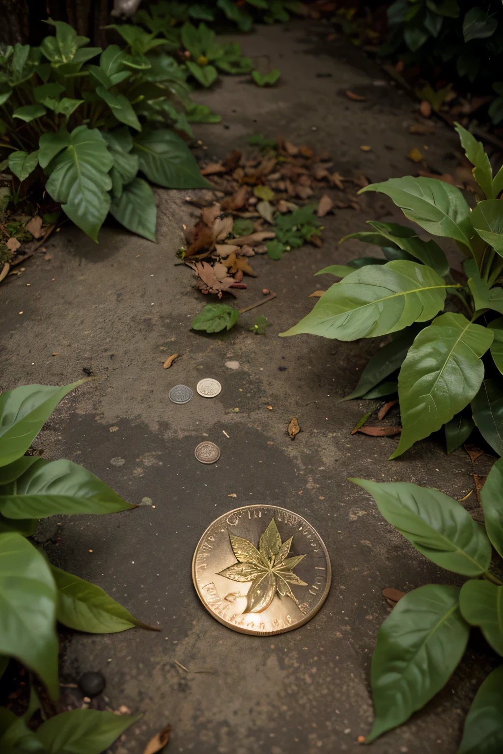 a coin covered by many tree leaves