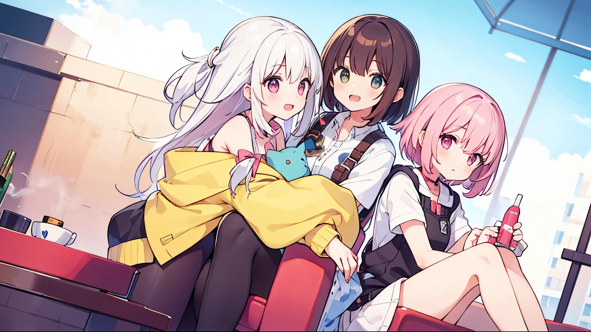 3 girls white hair pink hair brown hair in 