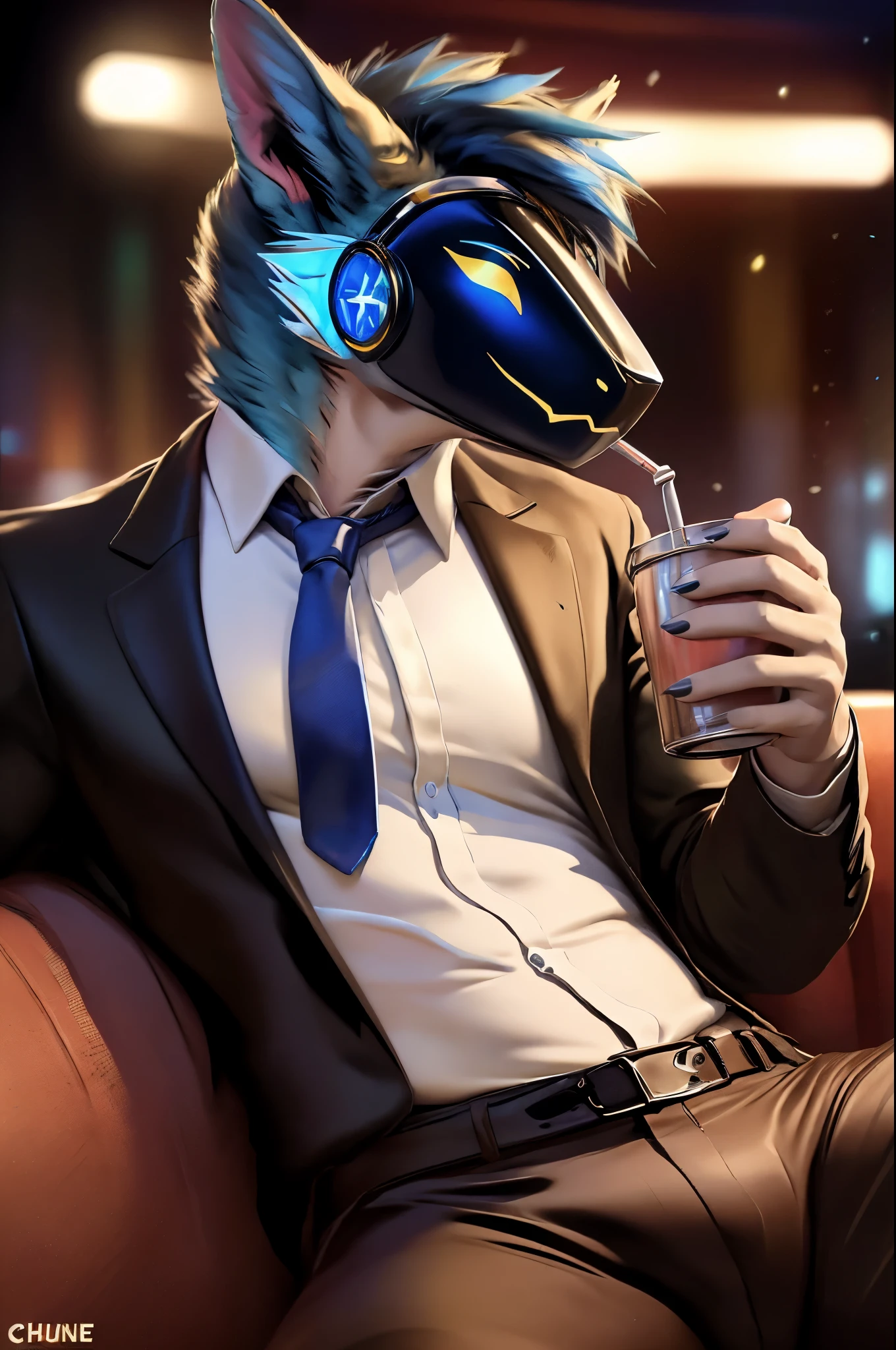 posted on e621, (by Chunie), Protogen,solo,masculine, Blue fur with White stripes on the tips, Slim body, full body like, at a nightclub, Hitman wear, Black suit, Red tie, Sitting on the sofa, a cup of alcoholic drink, Abstract beauty, ultra detailed face, depth of field, motion blur, high details, high quality, award winning, HD, 16k, (best quality,4k,8k,highres,masterpiece:1.2),ultra-detailed,realistic:1.37,HDR,UHD,studio lighting,extreme detail description,professional,vivid colors,bokeh,lively atmosphere, natural lighting