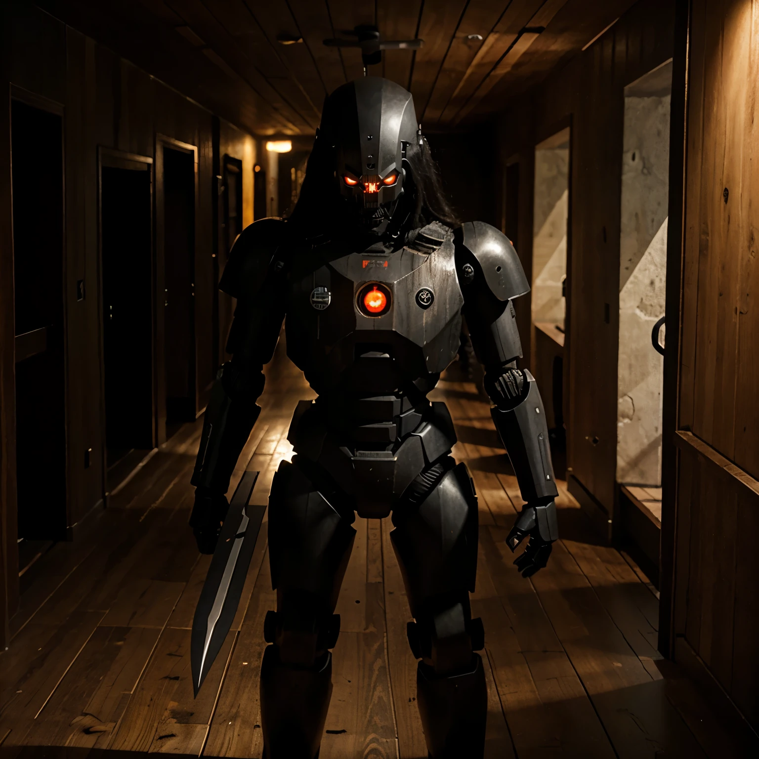 Black robot, white eyes, holding machete, creepy, scary, evil, dark, dark hallway, endless hallway, wooden hallway, wooden hall, wooden floors, wooden walls, darkness, dark hallway, big robot, white eyes