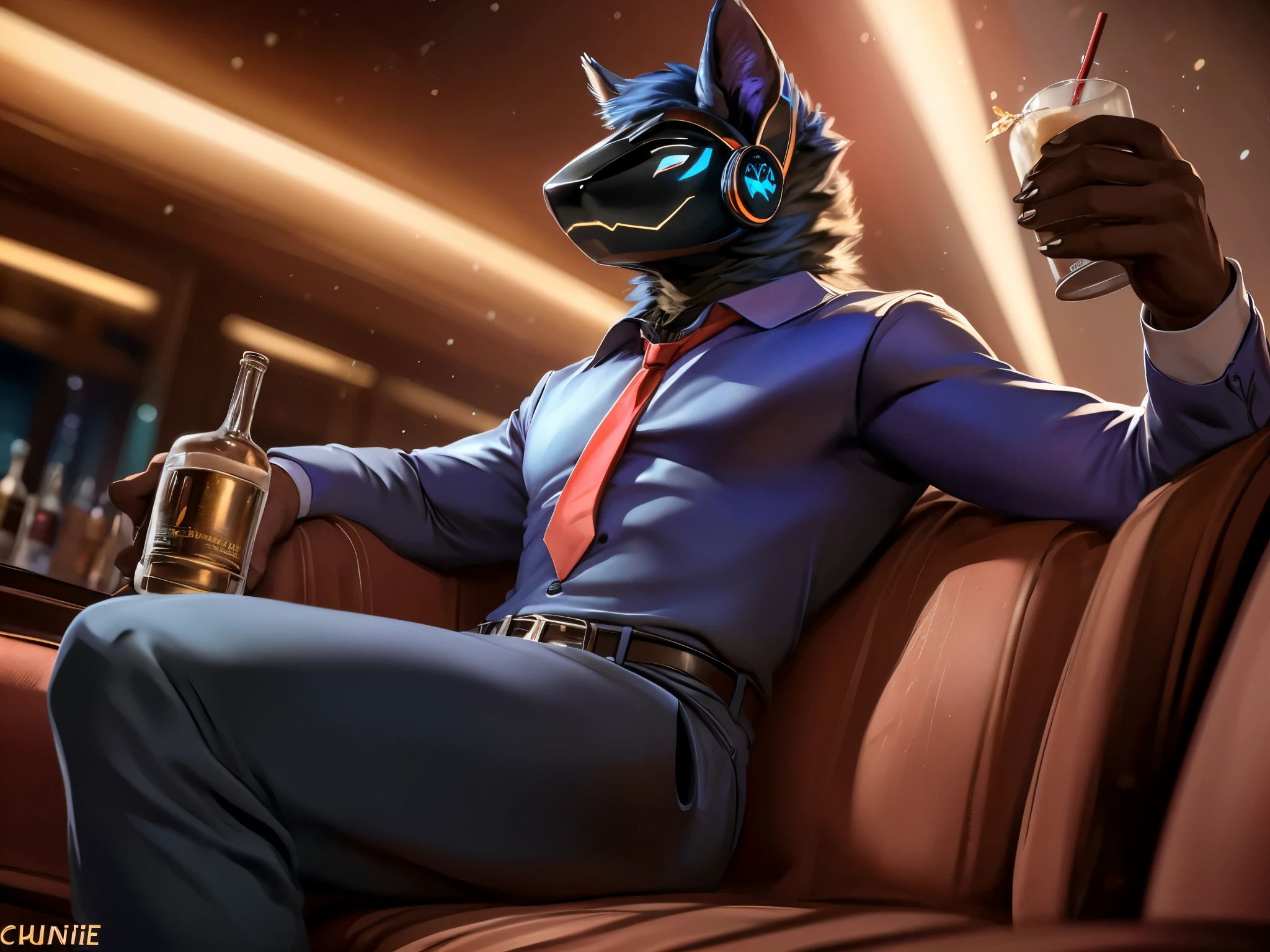 posted on e621, (by Chunie), Protogen,solo,masculine, Blue fur with White stripes on the tips, Slim body, full body like, at a nightclub, Hitman wear, Black suit, Red tie, Sitting on the sofa, a cup of alcoholic drink, Abstract beauty, ultra detailed face, depth of field, motion blur, high details, high quality, award winning, HD, 16k, (best quality,4k,8k,highres,masterpiece:1.2),ultra-detailed,realistic:1.37,HDR,UHD,studio lighting,extreme detail description,professional,vivid colors,bokeh,lively atmosphere, natural lighting