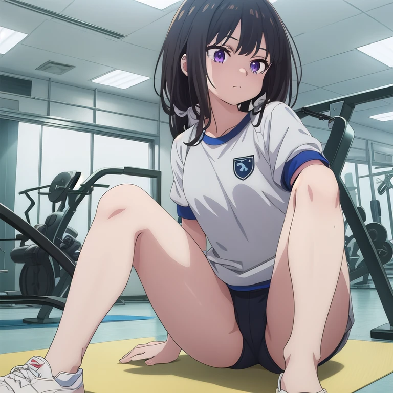 (master piece, high quality)、anime girl sitting on a mat, しゃがむbeautifulアニメの女の子, anime girl squatting, anime moe art style, at the gym, thighs!!!, strongest pose, Smooth anime CG art, thighs!!!!!!, buruma, navy color buruma, black hair、(spread your legasterpiece)), ((最high quality)), (Super detailed), ((cute)),　((very detailed)), 4k, (8K), 最high quality, (beautiful),　anime style, 1 girl, alone, Old school gym clothes(jp), black_hair, long_hair, purple_eyes, closed_mouth, inoue_takina_lycorisrecoil