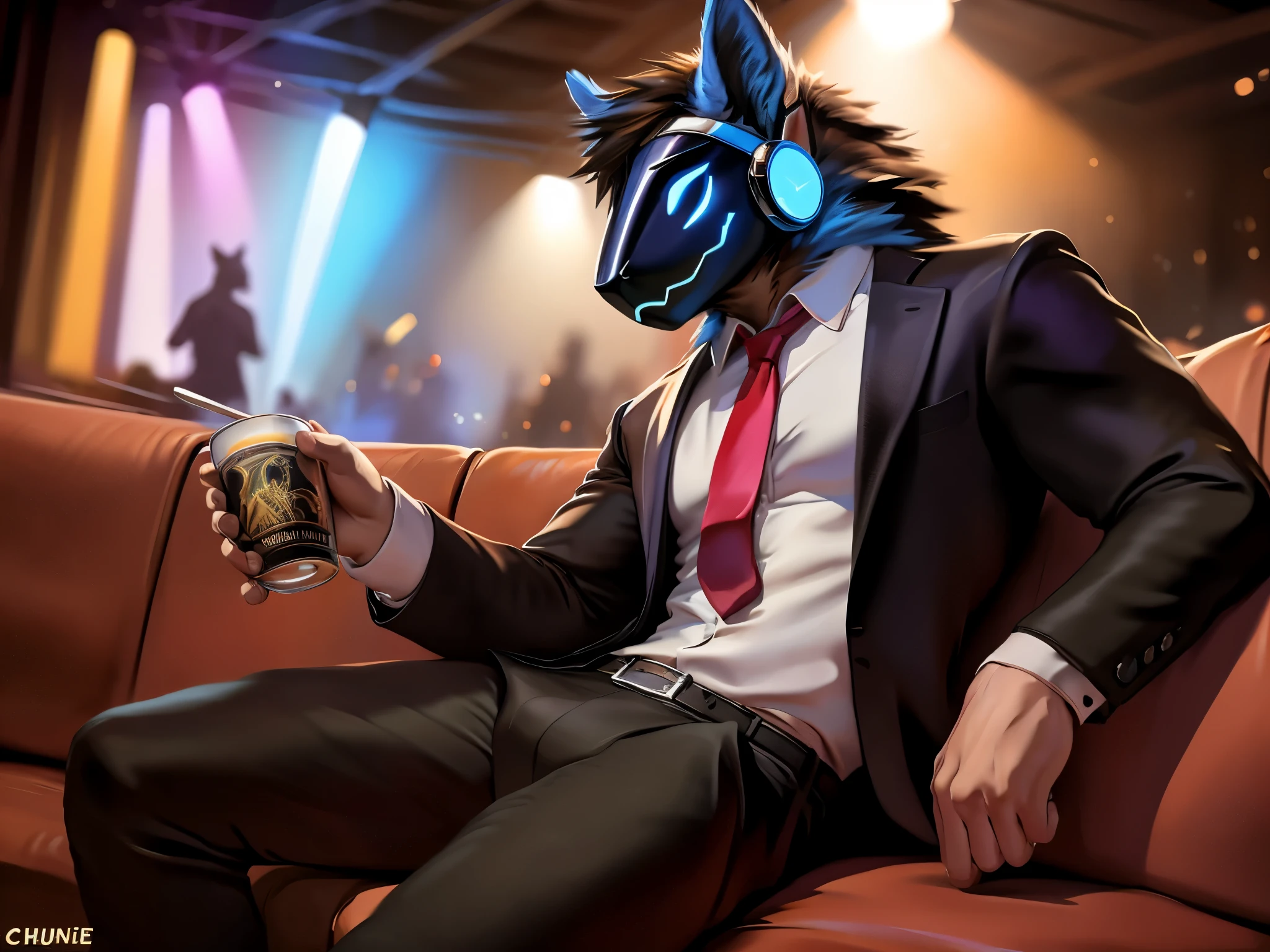 posted on e621, (by Chunie), Protogen,solo,masculine, Blue fur with White stripes on the tips, Slim body, full body like, at a nightclub, Hitman wear, Black suit, Red tie, Sitting on the sofa, a cup of alcoholic drink, Abstract beauty, ultra detailed face, depth of field, motion blur, high details, high quality, award winning, HD, 16k, (best quality,4k,8k,highres,masterpiece:1.2),ultra-detailed,realistic:1.37,HDR,UHD,studio lighting,extreme detail description,professional,vivid colors,bokeh,lively atmosphere, natural lighting