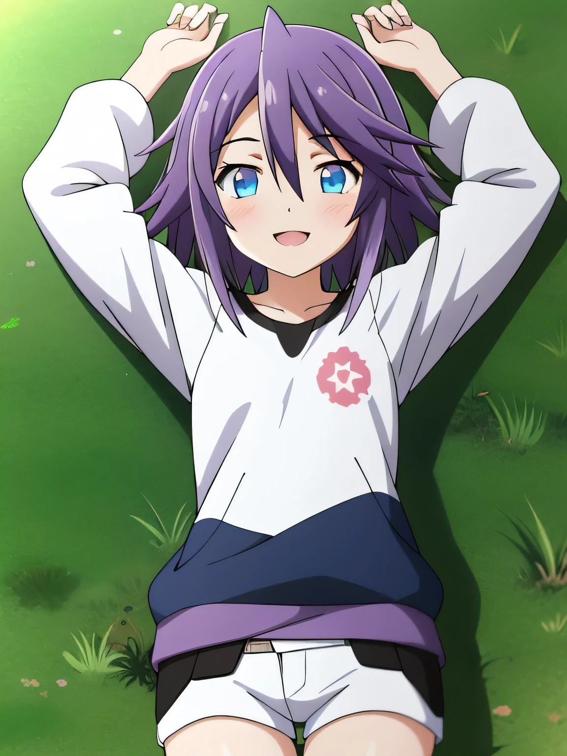 mizore_shirayuki ,1girl, solo, spread arms, smile, lying, on back, on grass, looking at viewer, solo, in the center, cowboy shot, high quality, arms up, closed mouth,