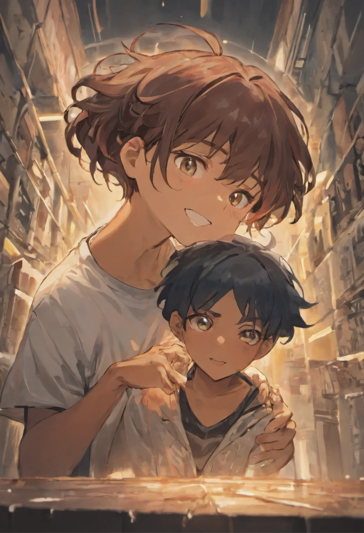 Create an illustration of 2 characters, a brown boy with short, curly black hair, he is wearing a Santos team t-shirt, and the other a black girl with medium curly black hair with a red streak, she is wearing a Corinthians team t-shirt, the two are taking a selfie together and are smiling, os olhos do rapaz se fecham quando ele sorri, Digital illustration style.