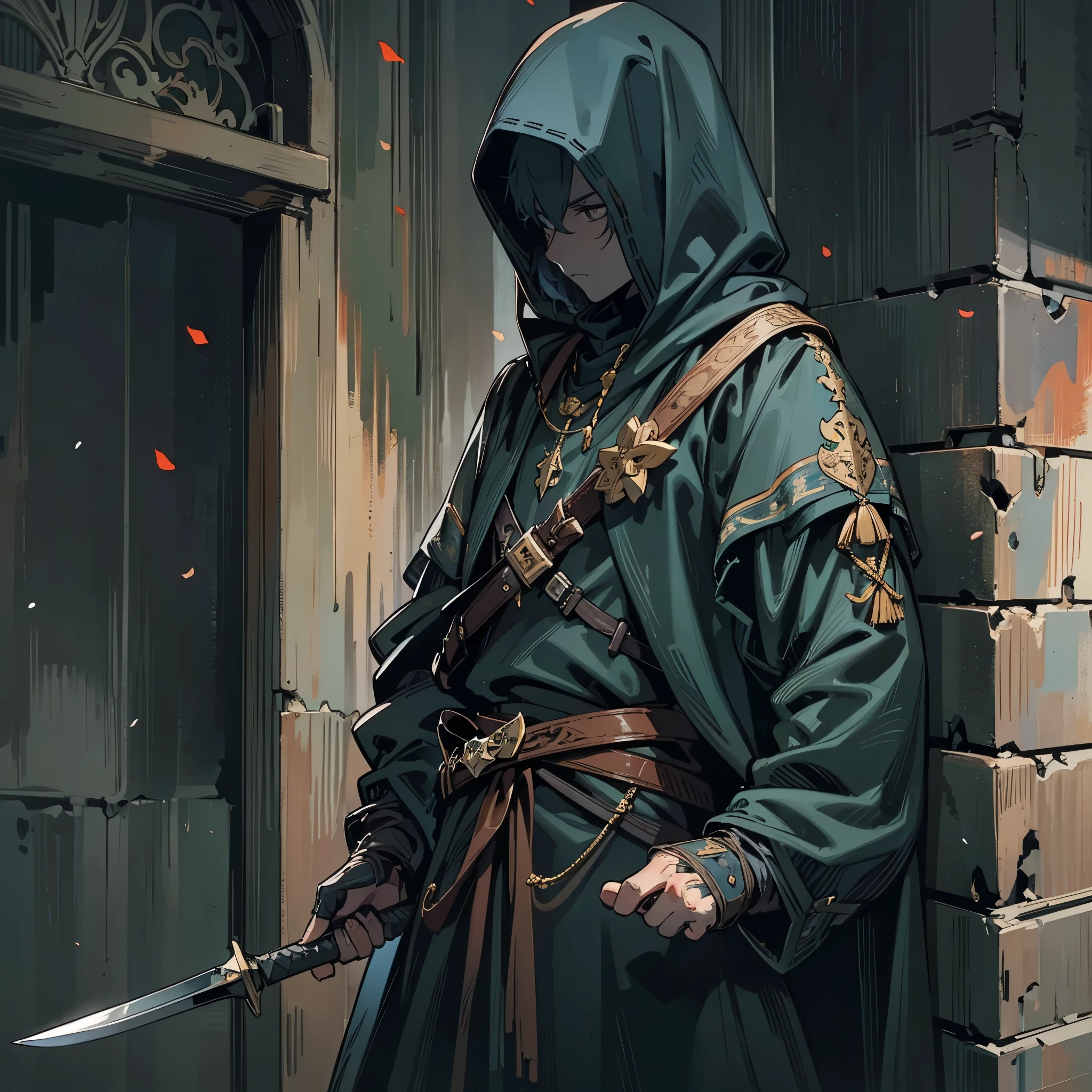 a man(Medieval European thieves),Wearing a face covering,Wearing a black night coat,Some leather armor,cloak with cloak,holding a knife,A dagger hangs from his waist,Back against the wall,hiding next to the wall。Medium shot composition,full body pictures,Characters and scenes,Anime illustration style,watercolor style,HD,4K。