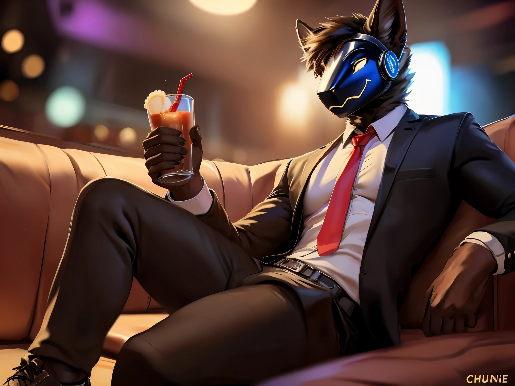 posted on e621, (by Chunie), Protogen,solo,masculine, Black fur with White stripes on the tips, Slim body, full body like, at a nightclub, Hitman wear, Black suit, Red tie, Sitting on the sofa, a cup of alcoholic drink, Abstract beauty, ultra detailed face, depth of field, motion blur, high details, high quality, award winning, HD, 16k, (best quality,4k,8k,highres,masterpiece:1.2),ultra-detailed,realistic:1.37,HDR,UHD,studio lighting,extreme detail description,professional,vivid colors,bokeh,lively atmosphere, natural lighting