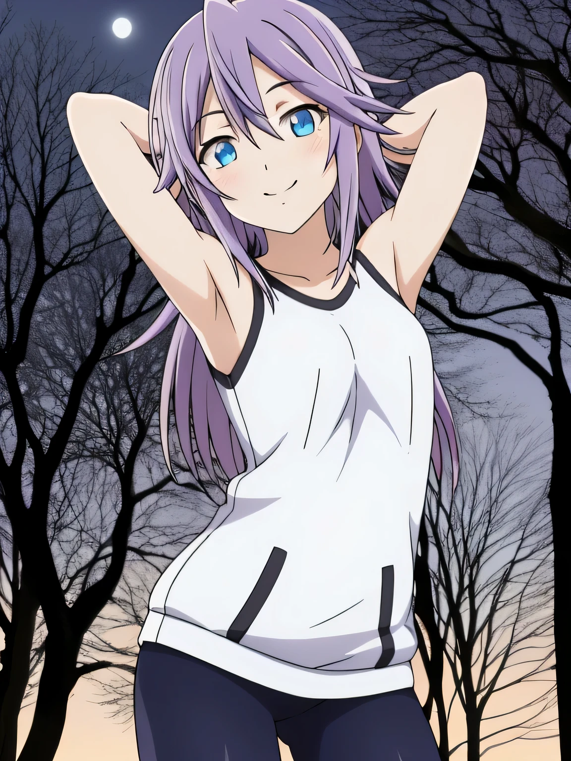 mizore_shirayuki ,1girl, solo, forest, dark sky, contrapposto, smile, spread armpits, cowboy shot, arms behind head, closed mouth, best quality,