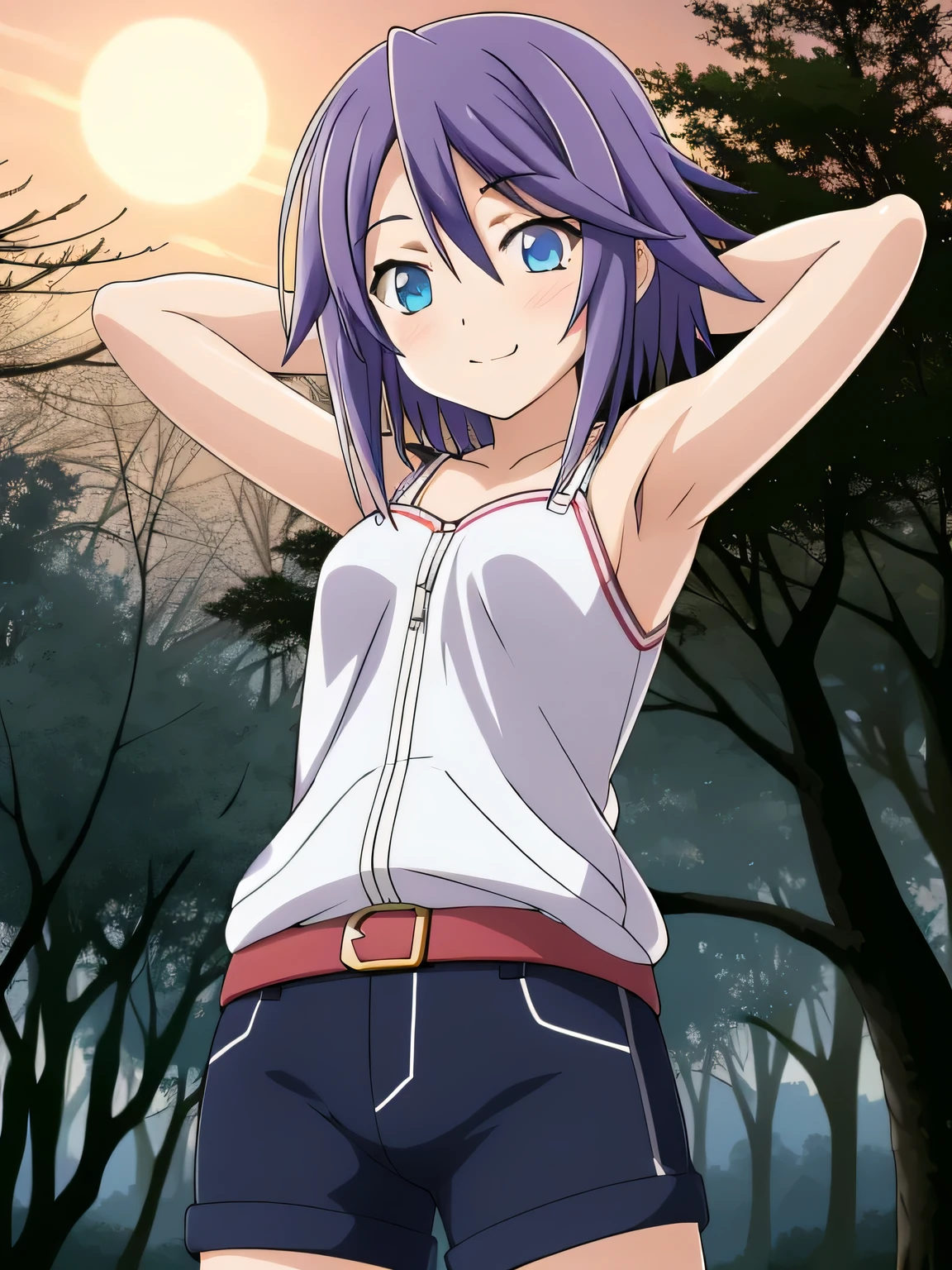 mizore_shirayuki ,1girl, solo, forest, dark sky, contrapposto, smile, spread armpits, cowboy shot, arms behind head,