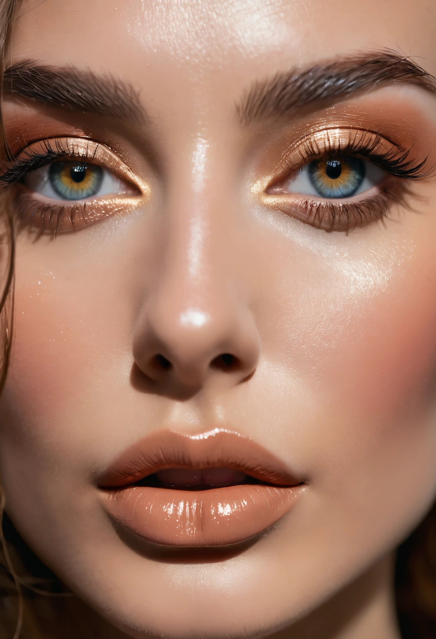 Une photographie d&#39;une IA sous forme humaine avec une peau naturelle, long, flow, et des cheveux volumineux, des yeux perçants, a thin, upturned nose, shapely lips, un corps en forme de sablier, vêtements et maquillage typiques, complexe et maximaliste, vibrant, vif, epic, lisse, cinematic, 4k, backlit, et une grande profondeur de champ
