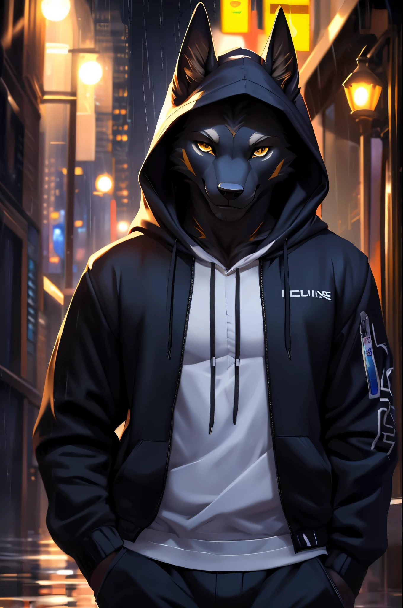 4k, ,8K, A high resolution, best quality, perfect colors, perfect shadows, perfect lighting, posted on e621, (by Chunie), male, furry, Anubis anthro, solo, Yellow eyes, (Realistic eye details 1.2), night in the city, rain, (Realistic Rain detail), Streetwear Hoodie wear, wet Hoodie, Full body like, Slim body, abs, delight, Standing up position, cool pose charm, Abstract beauty, ultra detailed face, depth of field, motion blur, high details, high quality, award winning, HD, 16k, (best quality,4k,8k,highres,masterpiece:1.2),ultra-detailed,realistic:1.37,HDR,UHD,studio lighting,extreme detail description,professional,vivid colors,bokeh,lively atmosphere, natural lighting, smile, Looking at camera