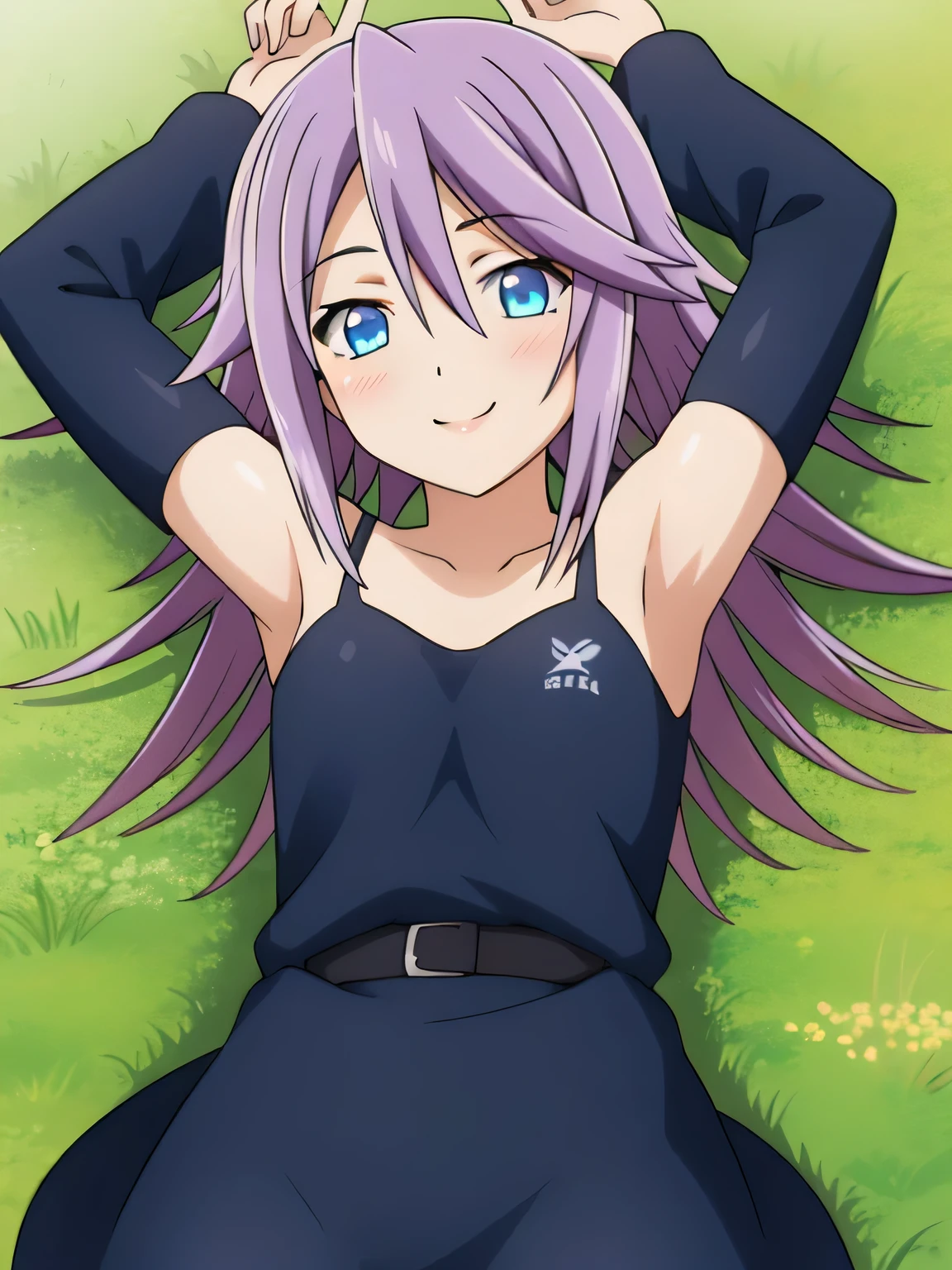 mizore_shirayuki ,1girl, solo, spread arms, smile, lying, on back, on grass, looking at viewer, solo, in the center, cowboy shot, high quality, arms up, closed mouth,