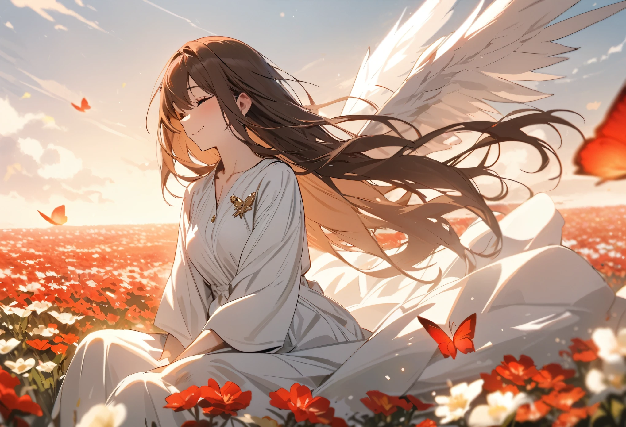 Masterpiece, High quality, 1 female, , alone, long hair, dark brown hair, close eyes, smile facial, long white dress, a pair of wings, white wings, flowers field, red butterfly pin, sit, wind
