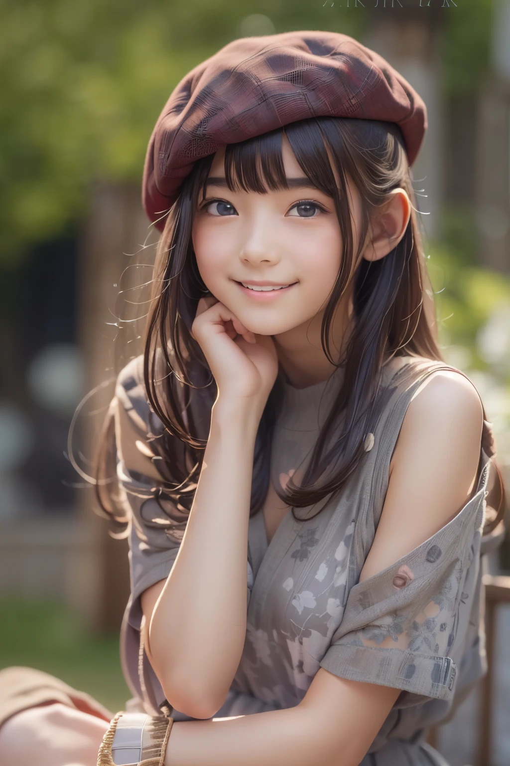 (( sfw: 1.4)), (( detailed face)), (( sfw, beret , smile , outdoor, 1 Girl)), Ultra High Resolution, (Realistic: 1.4), RAW Photo, Best Quality, (Photorealistic Stick), Focus, Soft Light, ((15 years old)), ((Japanese)), (( (young face))), (surface), (depth of field), masterpiece, (realistic), woman, bangs, ((1 girl))