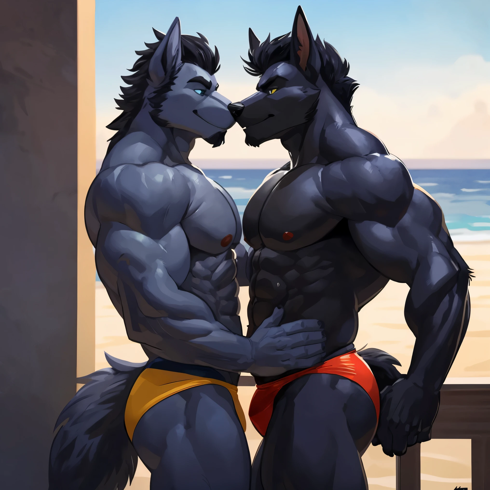 Namorados, casal gay, lobo cinza de olhos fechados, speedos vermelho, e lobo branco de olhos bem abertos e amarelos, impressionado, speedos preto, se beijando, beijo, side view. 4k, very high resolution, better quality, Postado em E621, corpo do antro, macho, , Macho, (very muscular, peitos fortes, fucinhos longos peitorais fortes, Defined muscles:1.2), anatomia correta, (Fundo da praia, fundo do mar, sky background, dia:1.0), (blurry background, Plano de fundo fora de foco:1.2), (por wfa:1.0), (por Negger:1.0), sexy, (cel sombreado, sombreamento dos desenhos animados:1.2), lineart preto, contorno preto, flat coloring, (sombras fortes, sombras escuras:1.2), (speedos, bojo), sombras sexy, Cauda de lobo, By mystikfox61