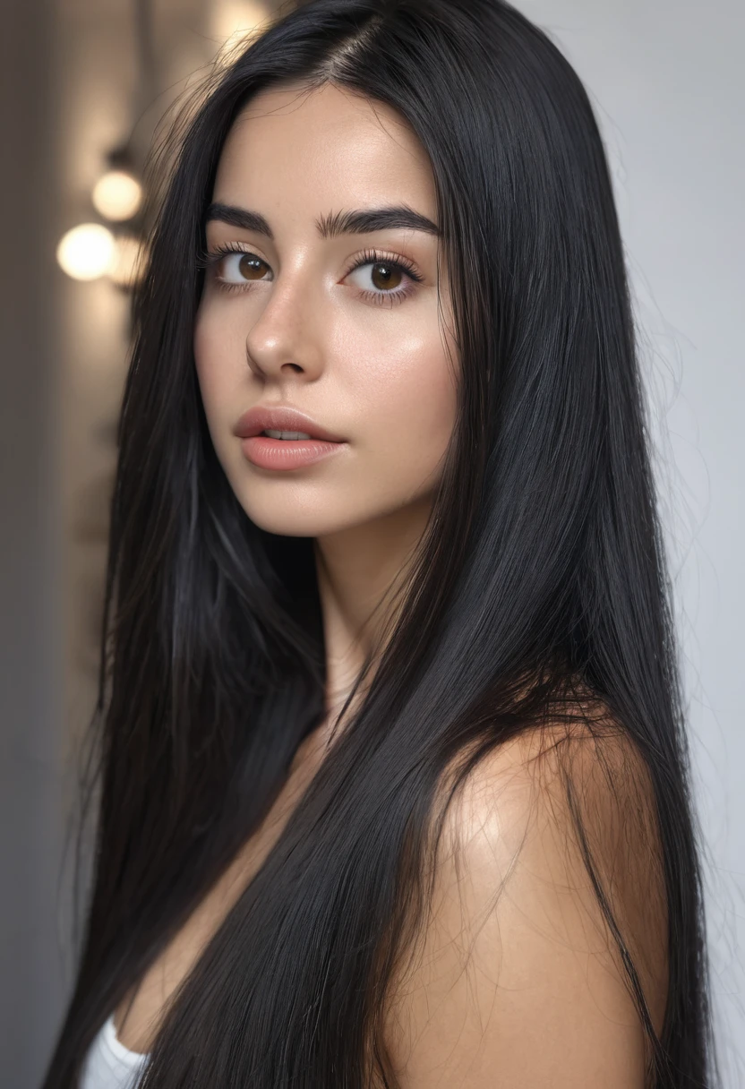 woman, 25 years old, ultra definition, (fotorrealista: 1.4), 8K, calidad premier, fondos detallados, cara delicada, maquillaje natural, foto cruda, iPhone, HDR, en lenceria, cabello negro, white skin, long hair, straight hair, Skinny body, black hair