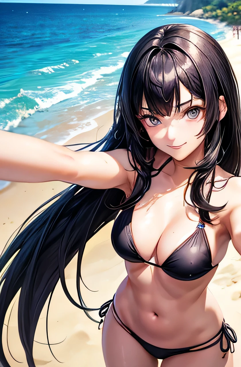 beautiful face,anime,cool beauty,1 girl,black hair,medium hair,medium chest,20th generation,no pubic hair,Height: 168cm,sharp outline,slim body,summer sea,smile,Half-up hairstyle,(selfie:1.5),bikini swimwear,