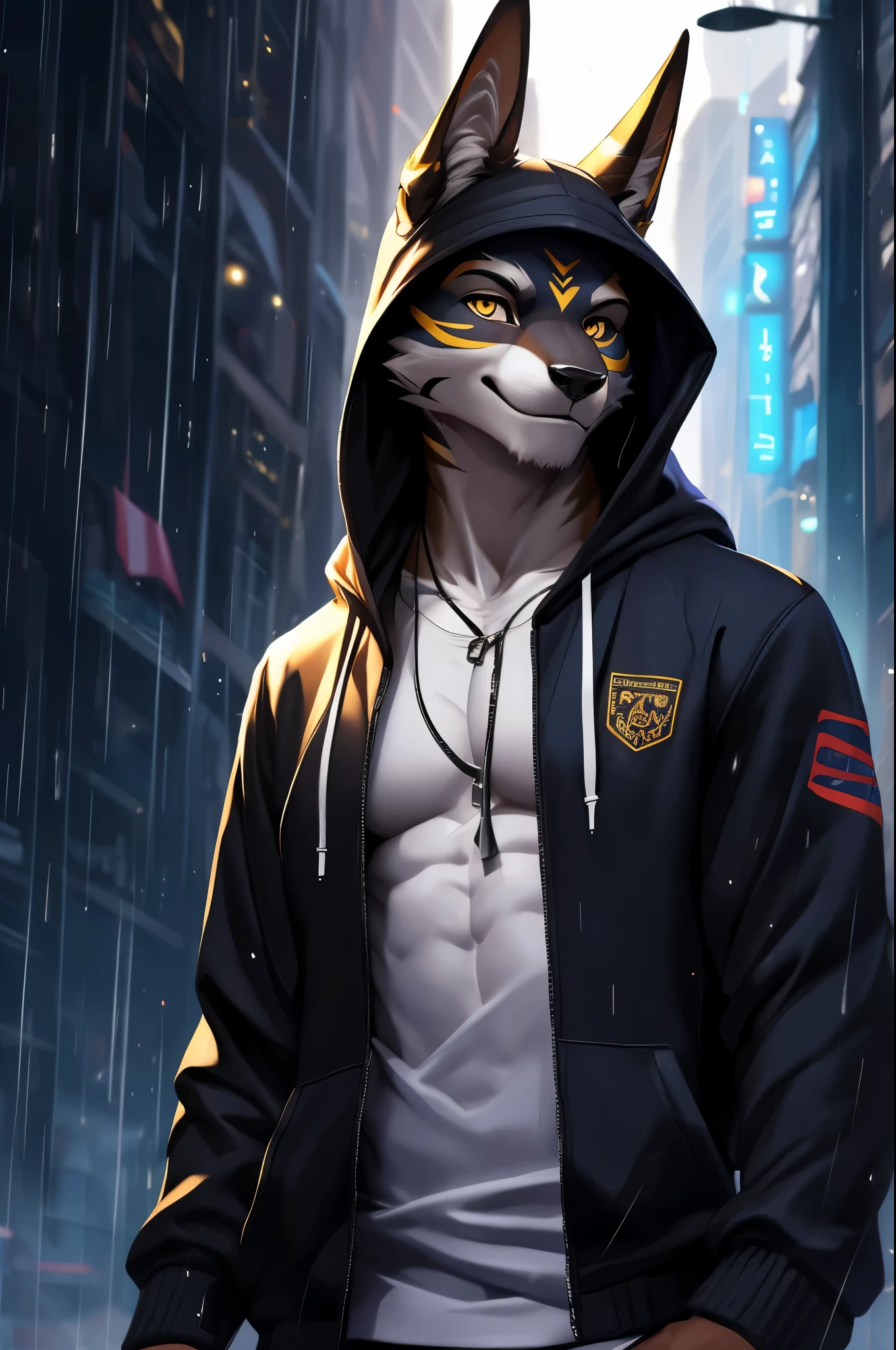 4k, ,8K, A high resolution, best quality, perfect colors, perfect shadows, perfect lighting, posted on e621, (by Chunie), male, furry, Anubis anthro, solo, Yellow eyes, (Realistic eye details 1.2), night in the city, rain, (Realistic Rain detail), Streetwear Hoodie wear, wet Hoodie, Full body like, Slim body, abs, delight, Standing up position, cool pose charm, Abstract beauty, ultra detailed face, depth of field, motion blur, high details, high quality, award winning, HD, 16k, (best quality,4k,8k,highres,masterpiece:1.2),ultra-detailed,realistic:1.37,HDR,UHD,studio lighting,extreme detail description,professional,vivid colors,bokeh,lively atmosphere, natural lighting, smile, Looking at camera