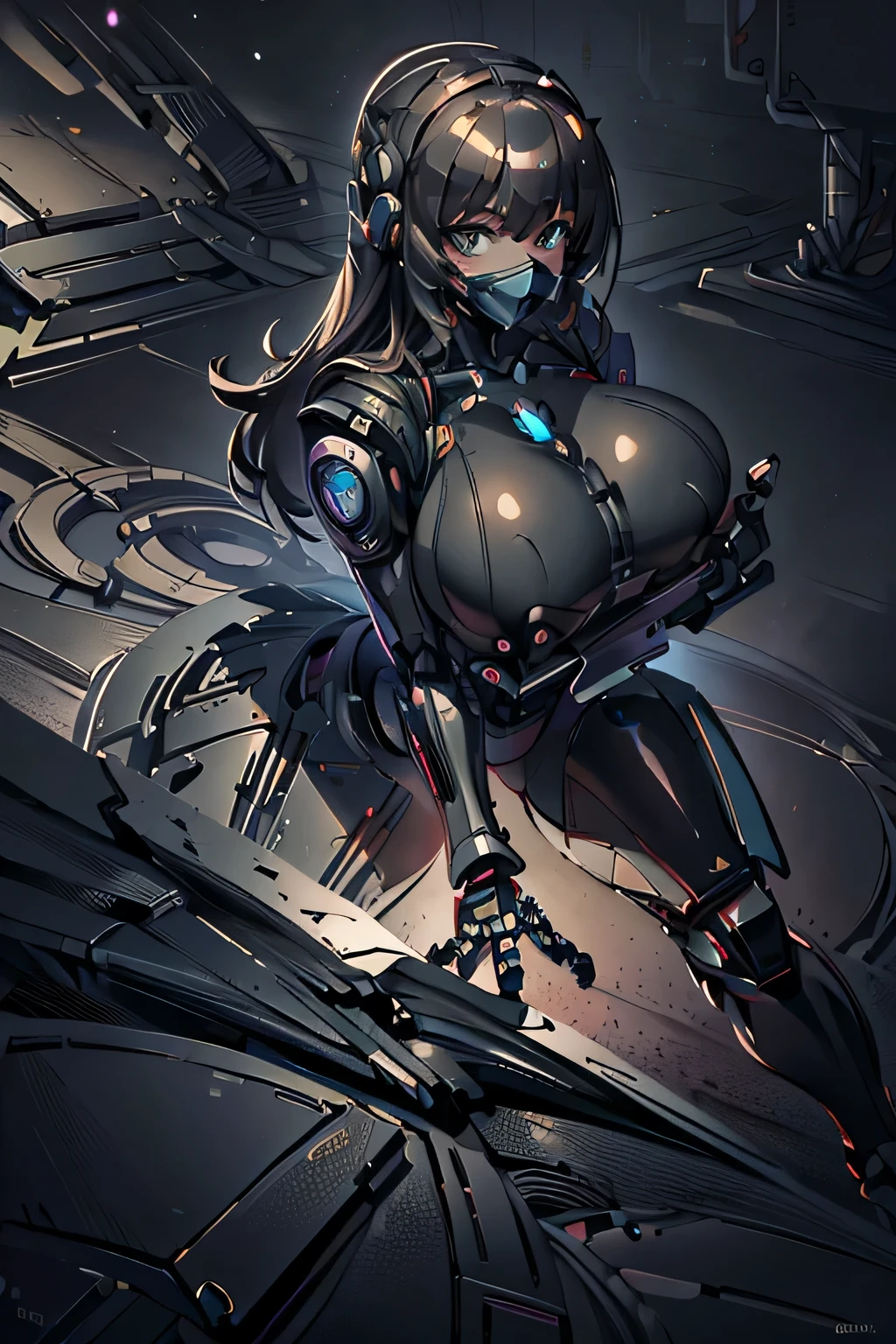 robot girl, humanoid robot, robot joints, full face mask, huge breasts, knee shot