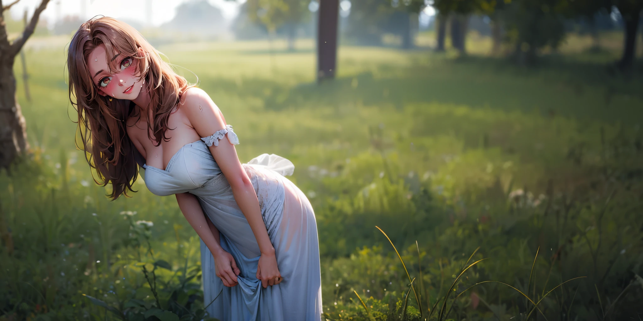 brown hair, long hair, eft_oshi_step, bangs, maroon eyes, curvy, anatomically correct, heavy breathing, 1girl, dress, grass, solo, white_dress, blurry, depth_of_field, see-through, outdoors, sunlight, strapless, nature, lips, realistic, bare_shoulders, looking_at_viewer, breasts,  hollow eyes, bright pupils, sweating, heavy breathing, steaming face, maroon eyes, seductiv smile, blush, lazy eyes, "Photorealistic, Hyperrealistic, Hyperdetailed, analog style, soft lighting, subsurface scattering, realistic, heavy shadow, masterpiece, best quality, ultra realistic, 8k, golden ratio, Intricate, High Detail, film photography, soft focus", sweating, steaming body, fog,