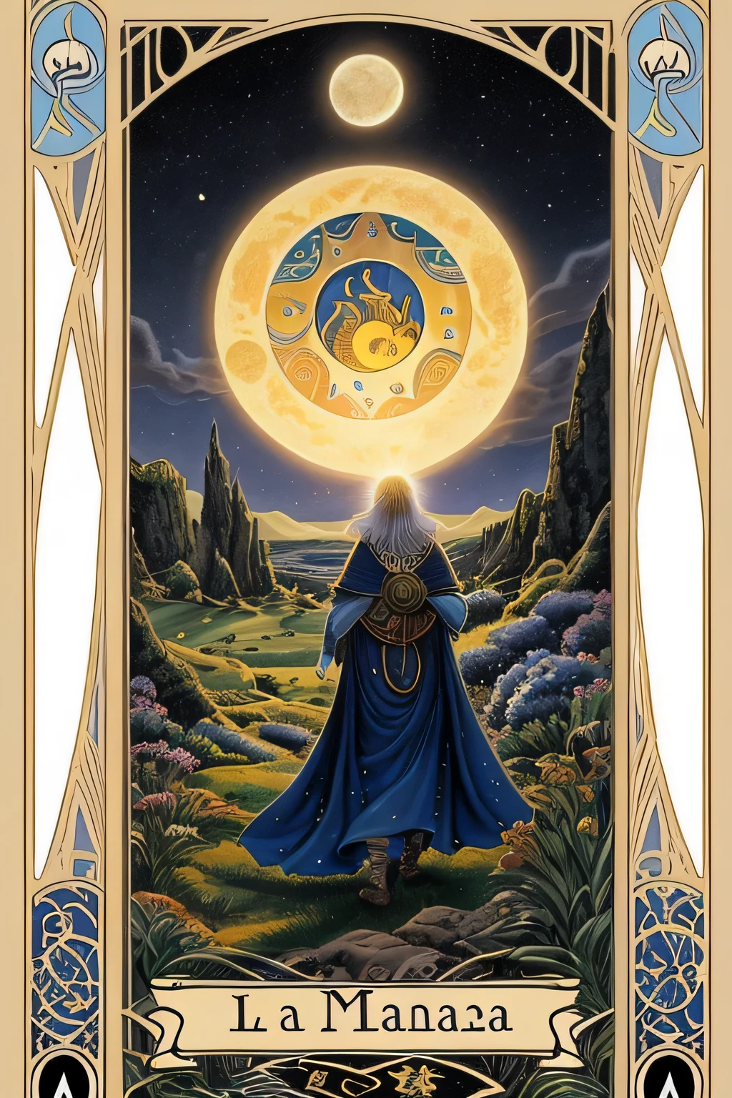 La Luna LLena, magical landscape, mythological tarot card, that has the word El Sol written in Spanish