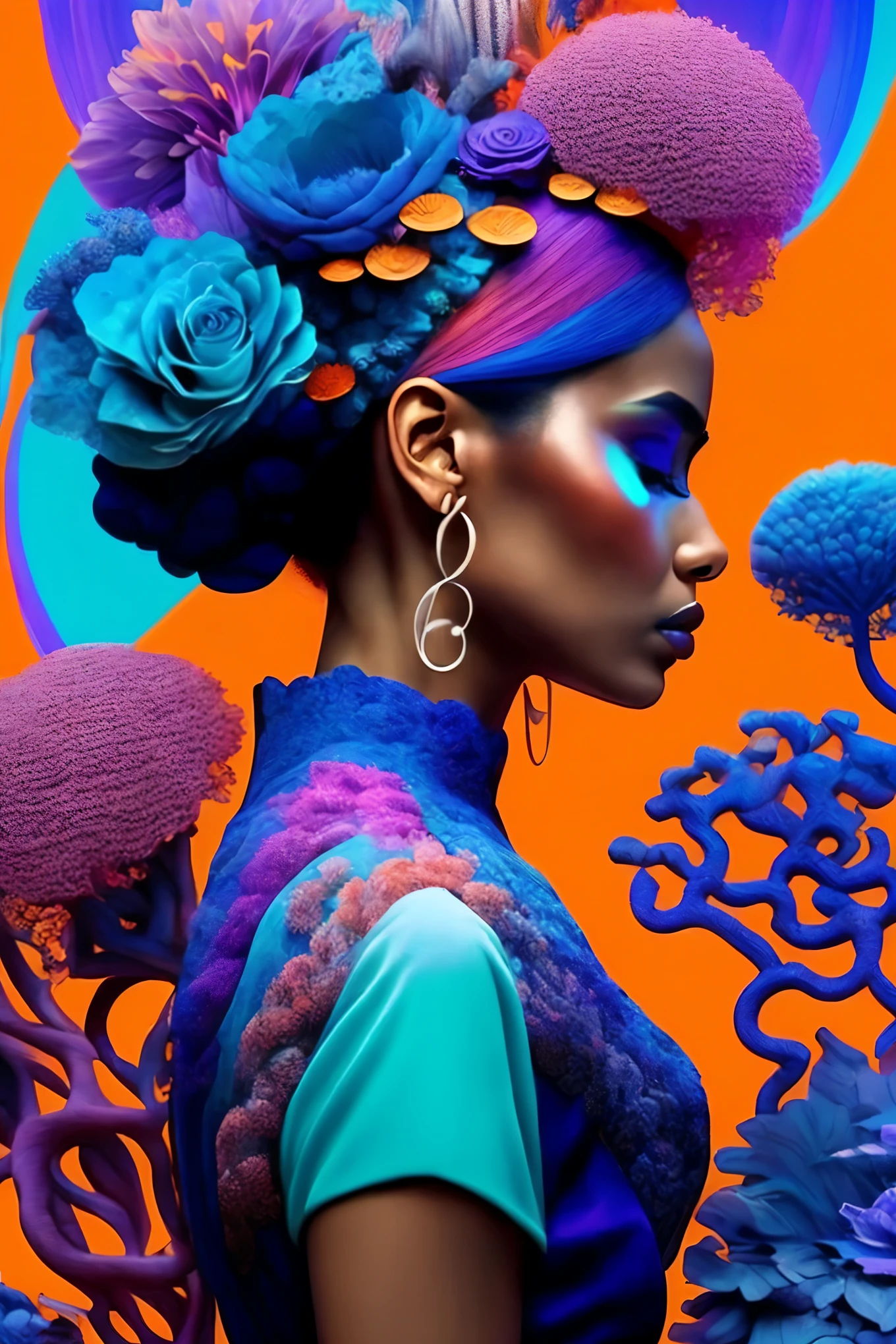 This is a captivating and richly hued digital masterpiece. At the heart of the scene lies a woman, featured in profile on the left side, intently focused on her painting at an easel. The canvas before her seems to merge flawlessly with the intricately designed and fantastical surroundings, presenting a dreamlike landscape that is a harmony of colors and ornate patterns.
The background and foreground burst with vivid shades and intricate patterns, mimicking organic structures like coral reefs, plants, flowers, and even sea anemones, yet rendered in a highly stylized, abstract manner. The color palette encompasses deep blues, purples, vibrant oranges,
