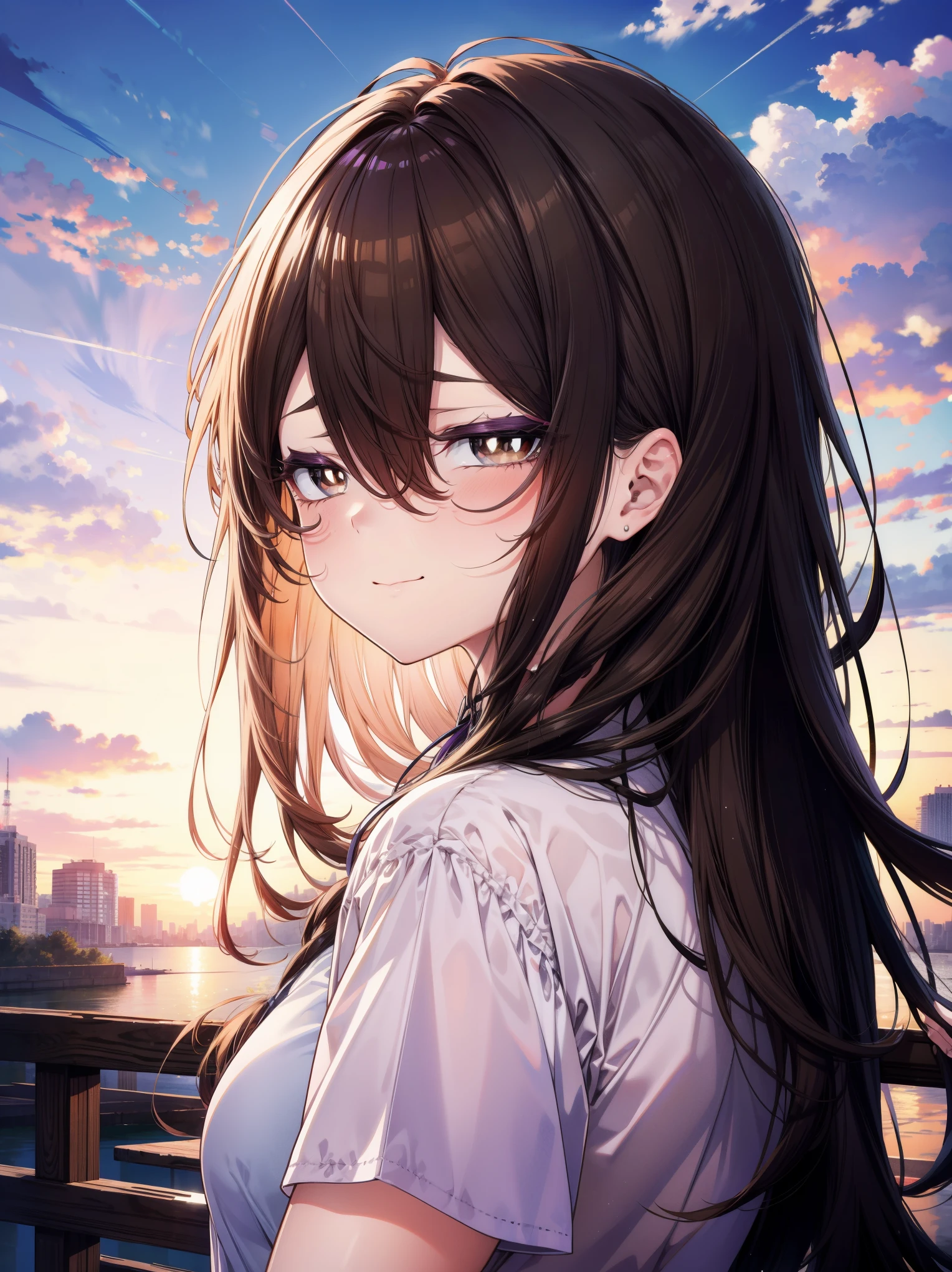 (masterpiece), (best quality, ultra-high resolution, depth of field:1.2), (perfect anatomy), (young), 1woman, (brown eyes), bright pupils, black hair, long hair, (hair between eyes), bangs, (purple under-eye makeup), baggy clothes, side view, park scenery, sunset, smiling