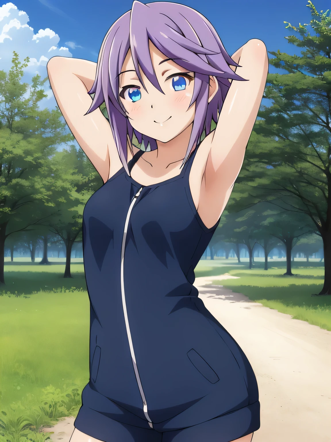 mizore_shirayuki ,1girl, solo, forest, dark sky, contrapposto, smile, spread armpits, cowboy shot, arms behind head, closed mouth, best quality,