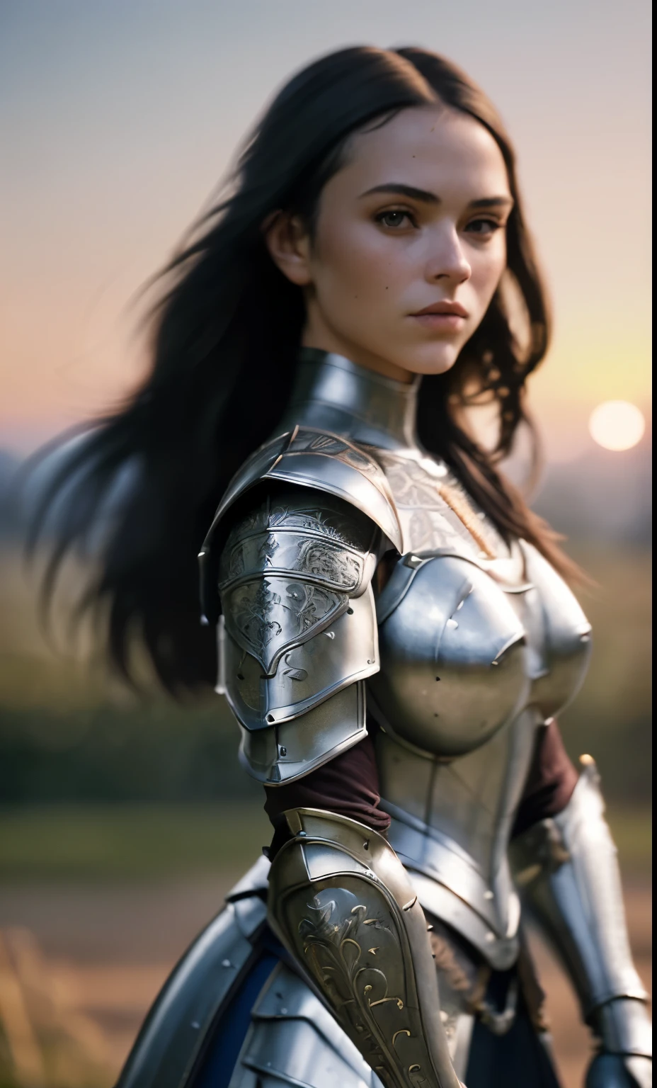 (masterpiece), (extremely intricate:1.3), (realistic), portrait of a girl, the most beautiful in the world, (medieval armor), metal reflections, upper body, outdoors, intense sunlight, far away castle, professional photograph of a stunning woman detailed, sharp focus, dramatic, award winning, cinematic lighting, octane render unreal engine, volumetrics dtx, (film grain, blurry background, blurry foreground, bokeh, depth of field, sunset, motion blur:1.3), chainmail