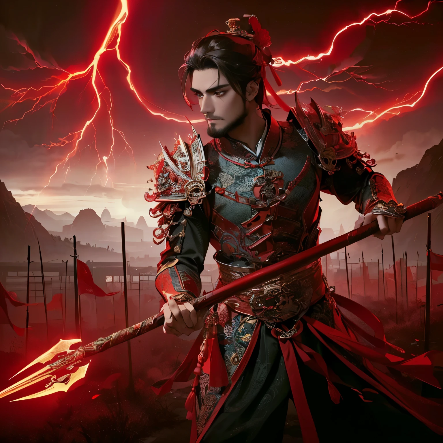 (Best Quality:1.2), (high resolution:1.2), (beautiful face and eye:1.2), (sharpest focus:1.2), (Ultra-realistic Photo:1.2), (Ultra-precise Photo:1.2), (Depth of field:1.2), (8k high resolution:1.2), (perfect :1.2), (nice hands:1.5), 
(perfect hands:1.5), (Very young, beardless, beautiful Chinese man:1.8), (Light clothing:1.0), (All red clothing:1.3), (A spear with a very elaborate and gaudily decorated small axe is swung widely:1.3), Fierce single combat, 
(A small hill with glowing red lightning bolt:1.0), (look into the distance:1.2), (look into the distance:1.2), 