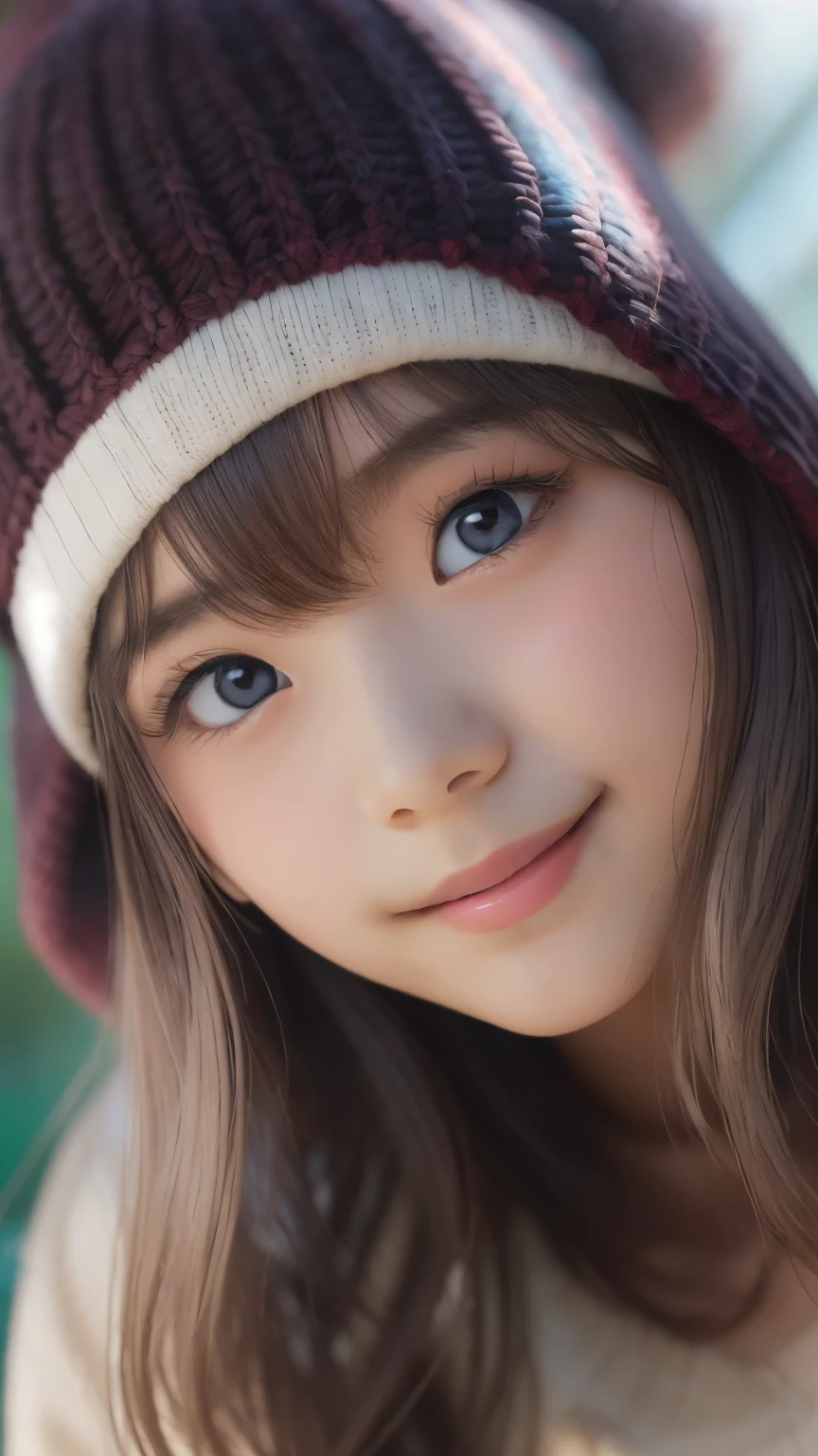 (( sfw: 1.4)), (( detailed face)), (( sfw, knit hat , smile , outdoor, 1 Girl)), Ultra High Resolution, (Realistic: 1.4), RAW Photo, Best Quality, (Photorealistic Stick), Focus, Soft Light, ((15 years old)), ((Japanese)), (( (young face))), (surface), (depth of field), masterpiece, (realistic), woman, bangs, ((1 girl))