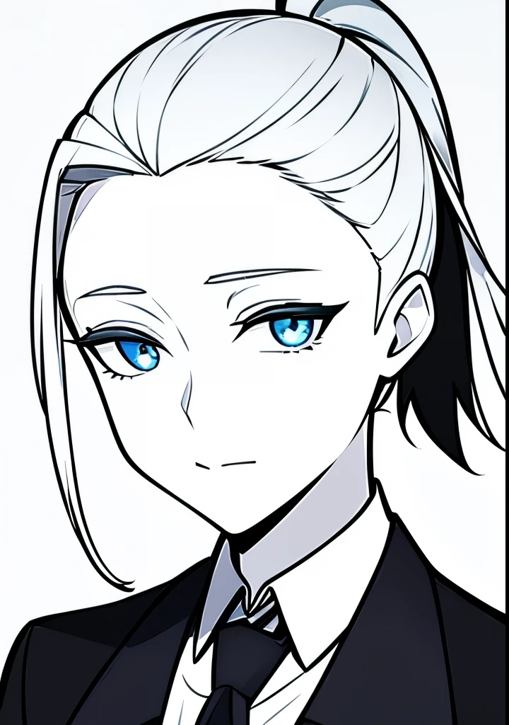 One Young Adult female, white and tender skin, pale blonde slicked back into a short ponytail, steel blue eyes, light and carefree expression, wearing black suit jacket and tie, portrait style, facing forwards