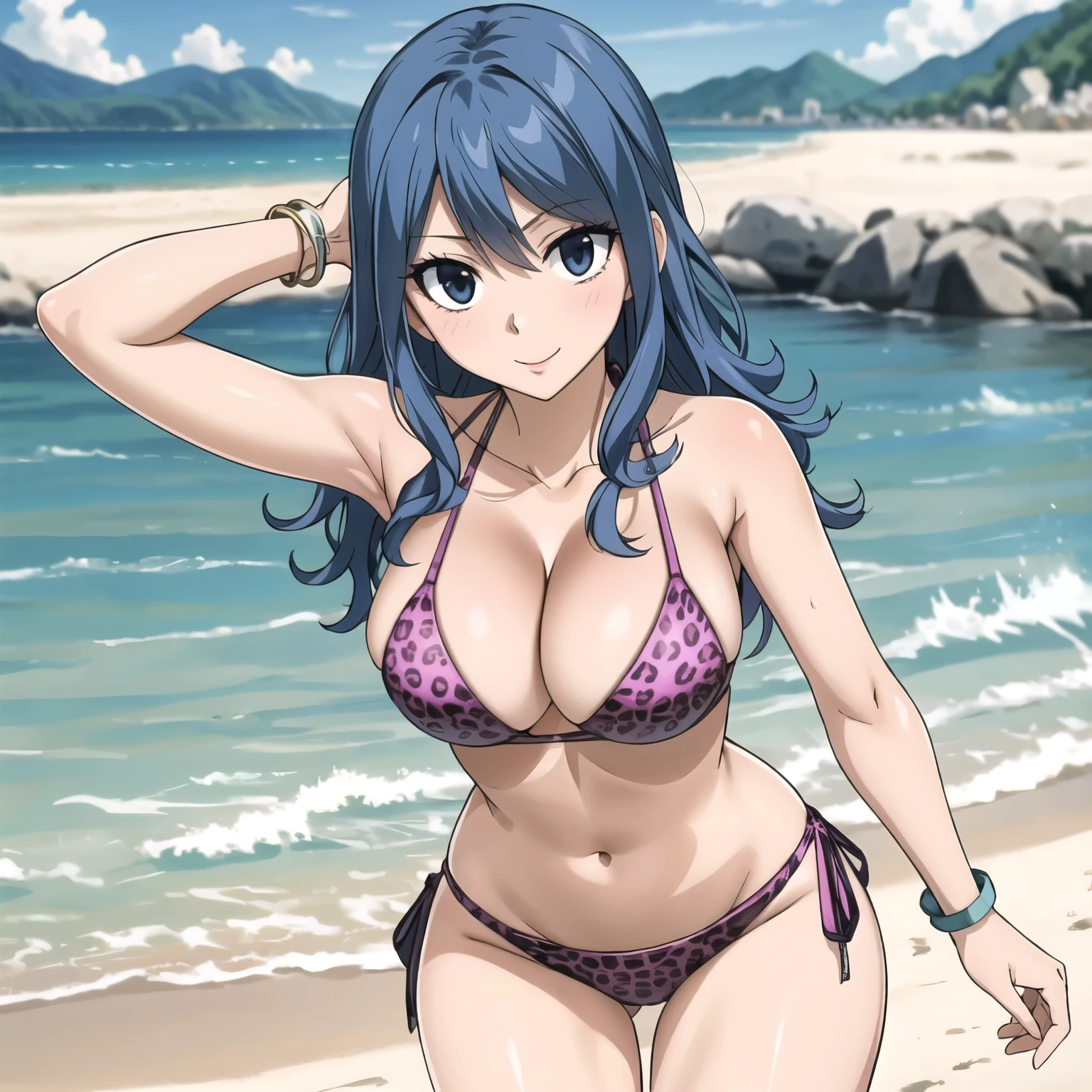 mujer juvia Lockser, pelo azul ondulado, pelo largo, ojos azules. sonrisa rubor, pechos grandes, pink leopard print bikini, accesorios, fondo una playa cuerpo mojado. una sola mujer.