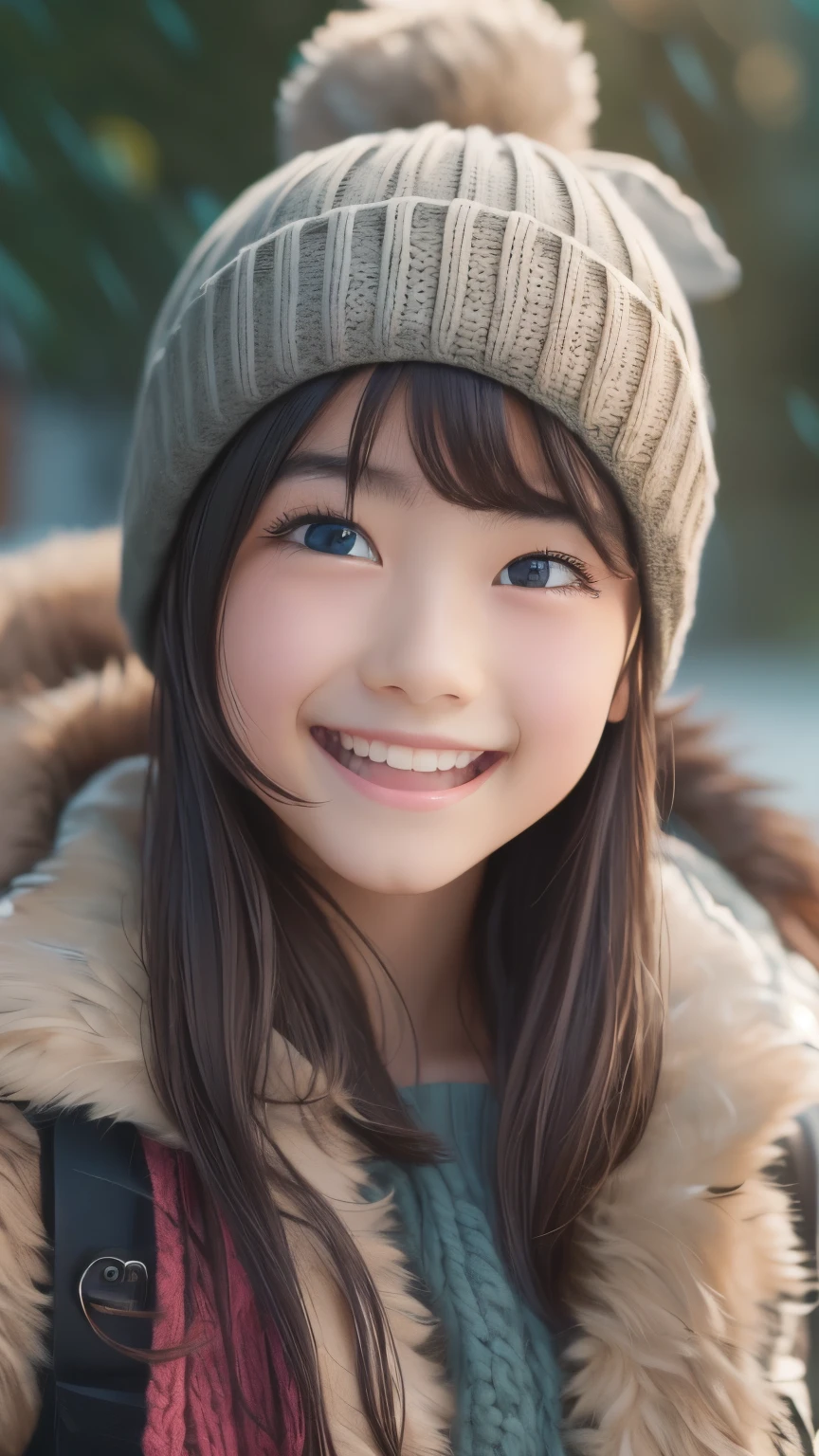 (( sfw: 1.4)), (( detailed face)), (( sfw, knit hat , smile , outdoor, 1 Girl)), Ultra High Resolution, (Realistic: 1.4), RAW Photo, Best Quality, (Photorealistic Stick), Focus, Soft Light, ((15 years old)), ((Japanese)), (( (young face))), (surface), (depth of field), masterpiece, (realistic), woman, bangs, ((1 girl))