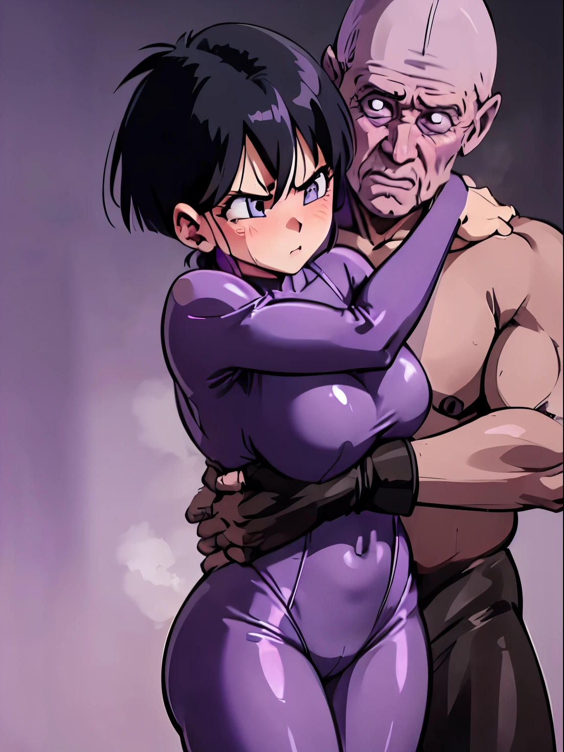 videl,1 girl,alone,((bright purple tight suit,:1.4)),barefoot,bare hands,((hugged by an old man:1.4)),blush,embarrassing,serious face,blue eyes,Sweat,open your mouth wide,black hair,spike hair,boyish girl,big breasts,prison,sigh,