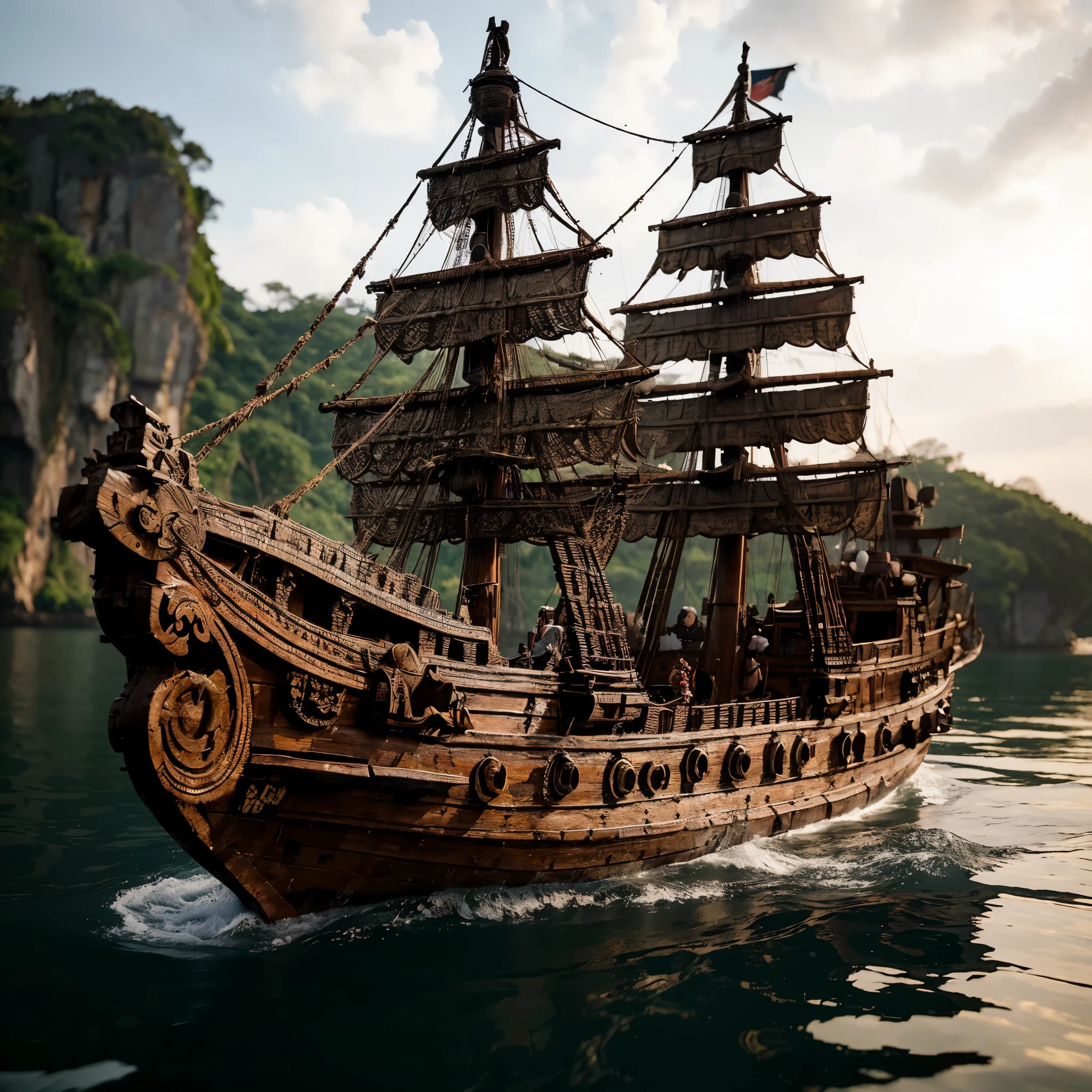 Write a hyperrealistic description of an ancient battleship crafted from wood in the style of Junk Java, sailing in the beautiful sea reminiscent of the Majapahit Empire era, portraying a scene similar to the movie titled "Tutur Tinular."