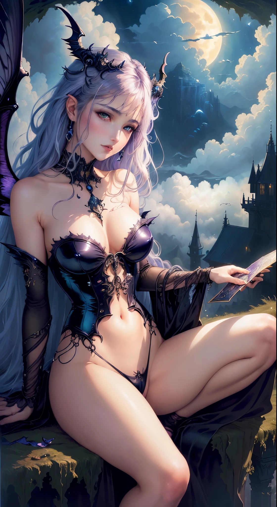 ((highest quality)), ((masterpiece)), (be familiar with), charming succubus, mysterious beauty, perched above the clouds, (fantasy illustration:1.3), captivating gaze, seductive pose, delicate wings, Otherworldly charm, mysterious sky, (Luis Royo:1.2), (Yoshitaka Amano:1.1), Moonlight night, soft colors, (be familiar with cloudscape:1.3), (High resolution:1.2)
