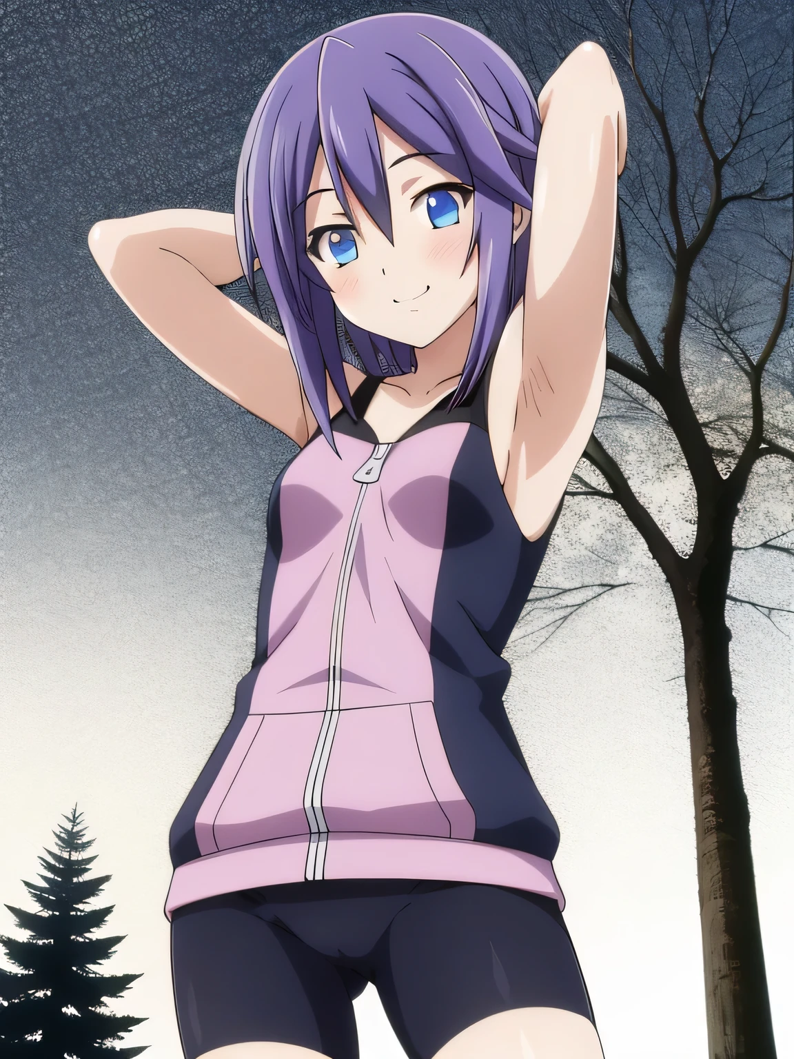 mizore_shirayuki ,1girl, solo, forest, dark sky, contrapposto, smile, spread armpits, cowboy shot, arms behind head, closed mouth, best quality,