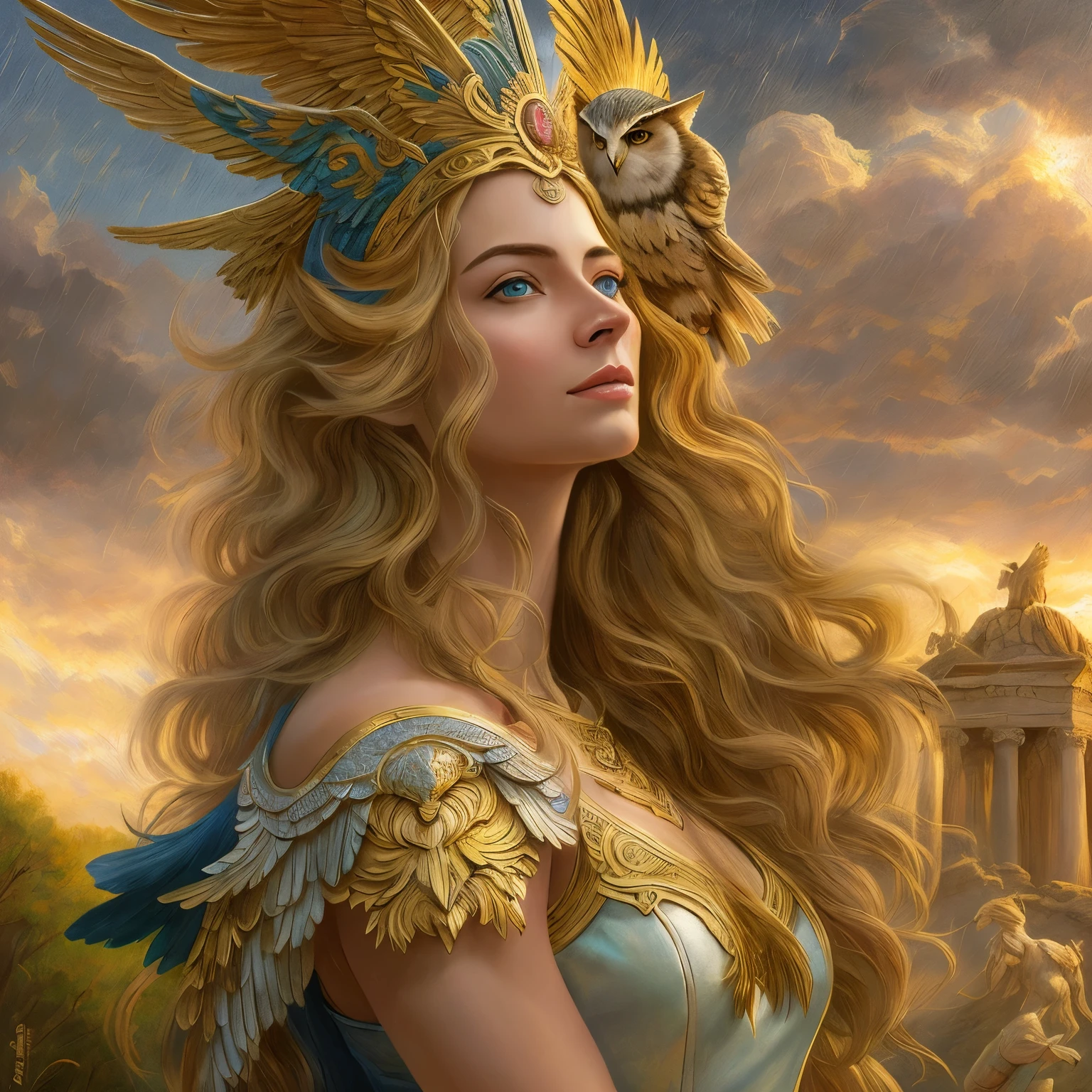 (best quality,4k,8k,highres,masterpiece:1.2),ultra-detailed,realistic,photorealistic:1.37,Athena,the goddess of beautiful battles,elegant armor,flowing golden hair,strong facial features,striking blue eyes,powerful physique,graceful posture,serene expression,golden laurel wreath,shimmering shield adorned with a majestic owl,ornate spear with intricate engravings,divine aura surrounding her,divine light illuminating the battlefield,ancient ruins in the background,swirling clouds with hints of lightning,majestic landscape with rolling hills and tall cypress trees,vibrant colors with a hint of golden sunlight,every detail meticulously crafted in oil painting style,like a Renaissance masterpiece.