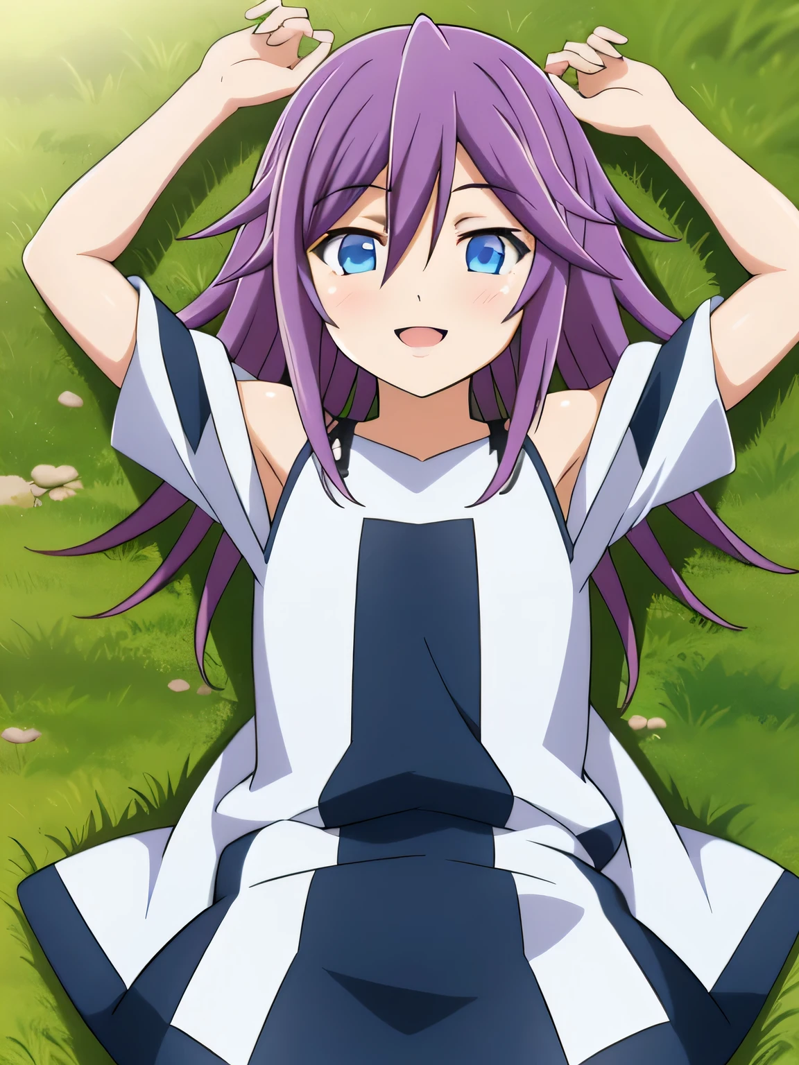 mizore_shirayuki ,1girl, solo, spread arms, smile, lying, on back, on grass, looking at viewer, solo, in the center, cowboy shot, high quality, arms up, closed mouth,